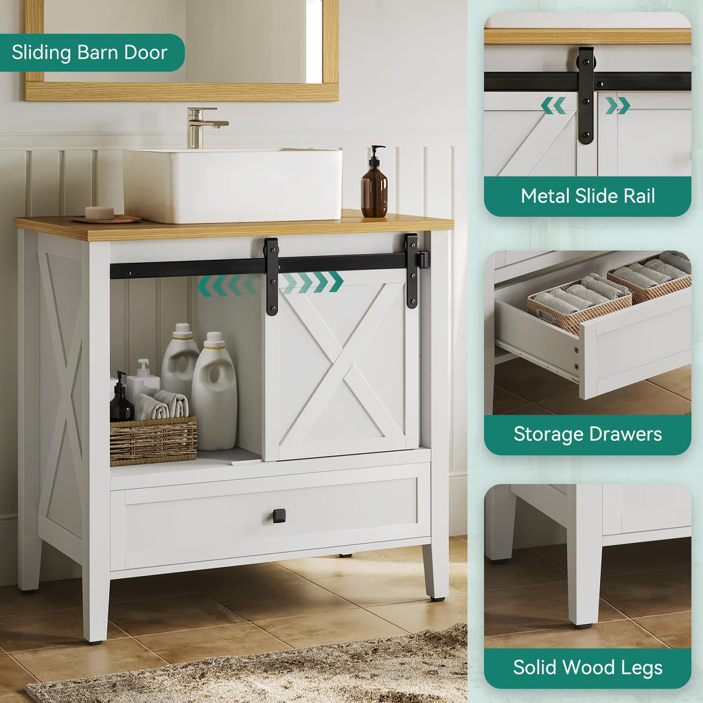YITAHOME 30 Inch Farmhouse Bathroom Vanity with Sink, Small Space Bathroom Storage Cabinet with Large Drawer, 2 Wood Barn Doors with Built-in Door Racks