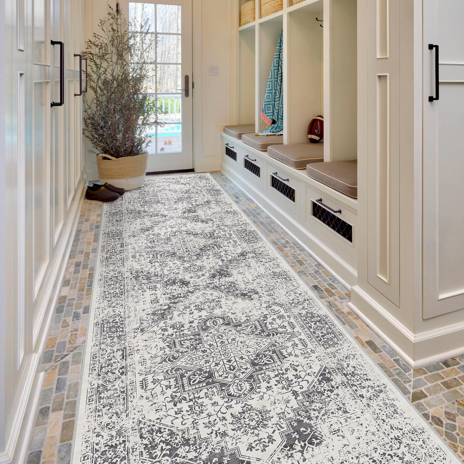 2x5 Washable Kitchen Runner Rug - Soft Low Pile Floral Animal Cat Print Rugs with Non-Slip Backing Waterproof Stain-Resistant Indoor Carpet for Hallway Entryway Bathroom Bedroom (Black)