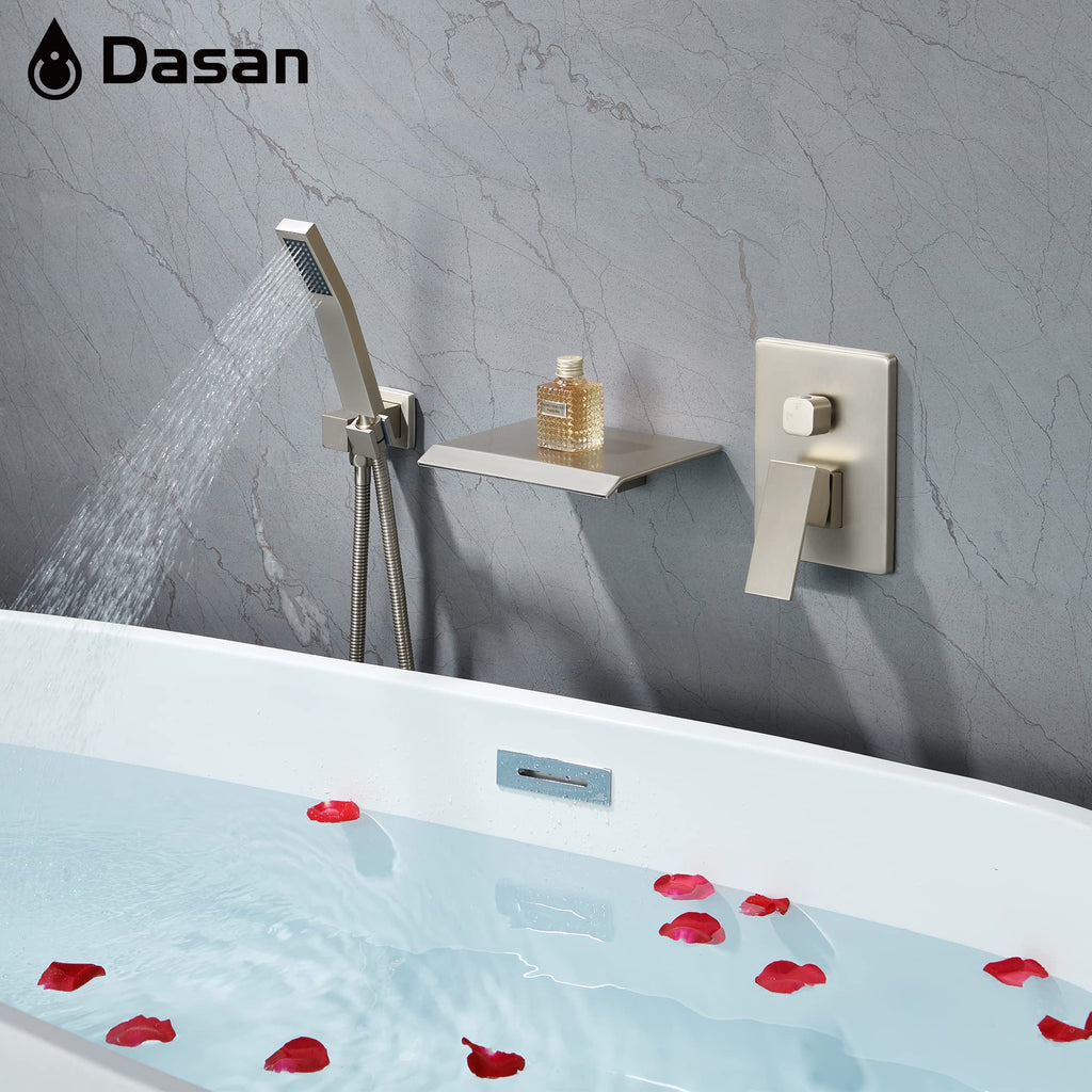 Upgraded Wall Mount Tub Filler Faucet with Handheld Shower, DASAN Modern Wall Mounted Bathtub Faucet Brushed Gold High Flow Waterfall Tub Faucet with Rough in Valve, SA-TF04WH-BG
