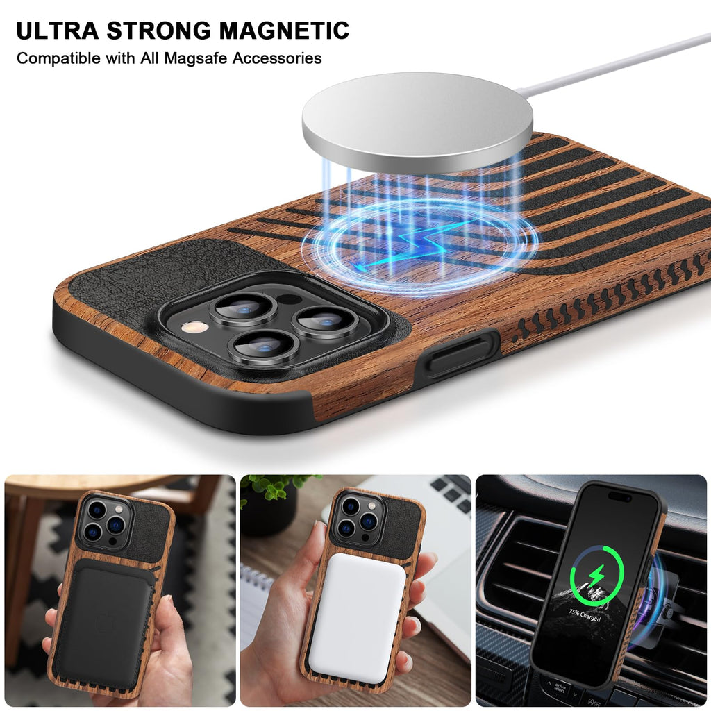 TENDLIN Compatible with iPhone 15 Case Wood Grain with Carbon Fiber Texture Design Leather Hybrid Slim Case (Black)