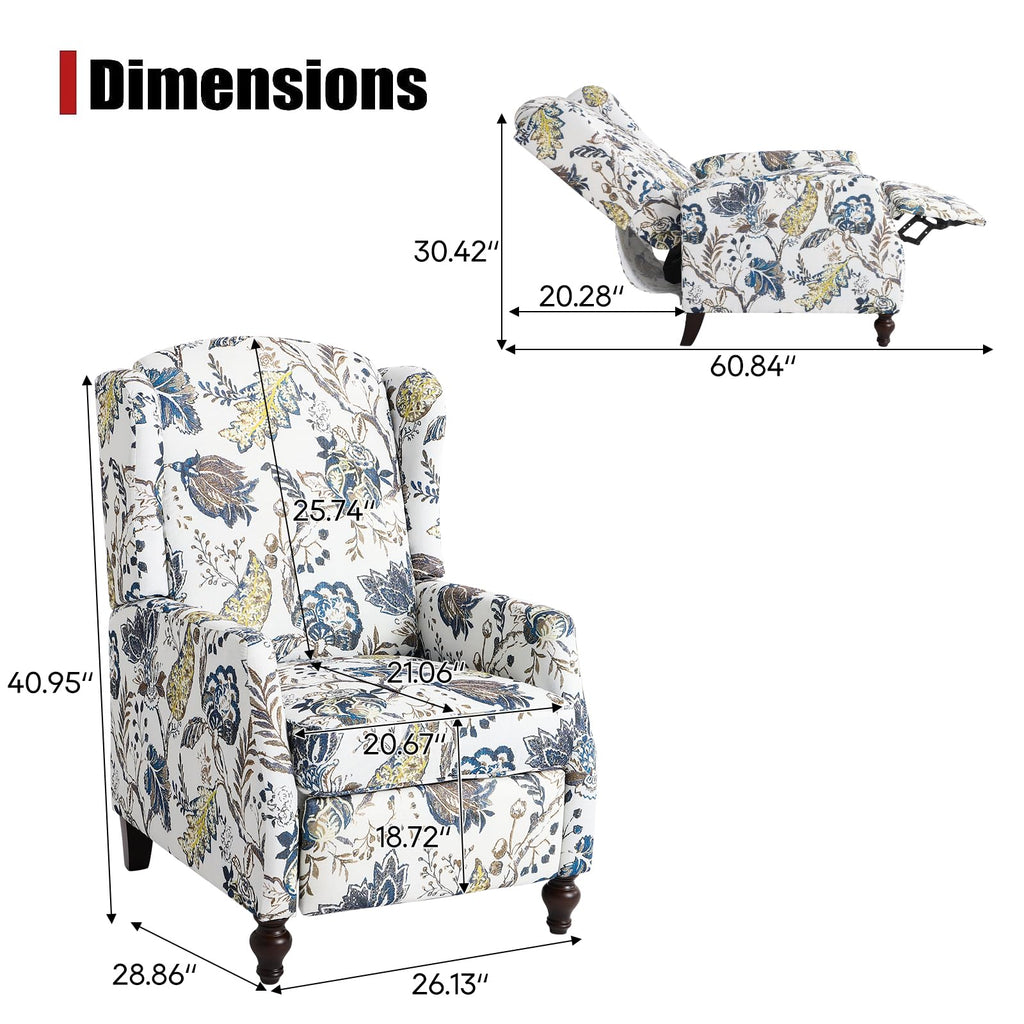 Wingback Chair with Massage and Heat, Tufted Fabric Pushback Recliner Chair, Wingback Recliner Chair with Remote Control, Padded Cushion, Wooden Legs, Small Recliners for Small Spaces