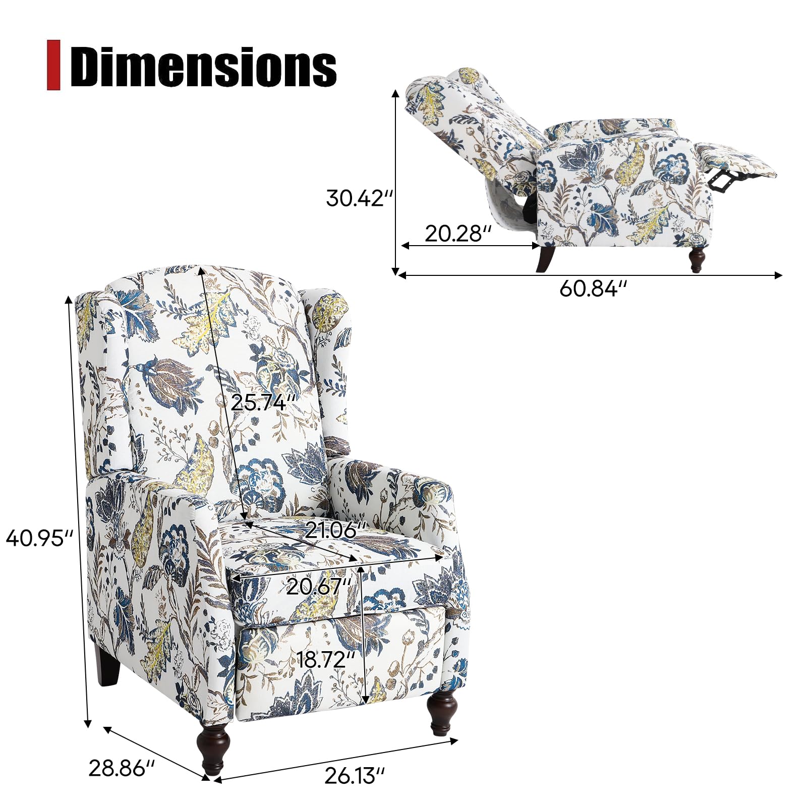 Wingback Chair with Massage and Heat, Tufted Fabric Pushback Recliner Chair, Wingback Recliner Chair with Remote Control, Padded Cushion, Wooden Legs, Small Recliners for Small Spaces