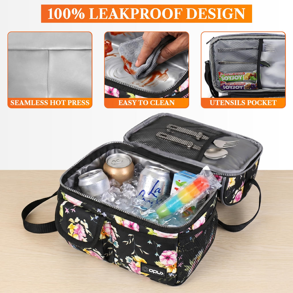 opux Insulated Lunch Bag Women Men, Dual Compartment Leakproof Lunch Box Adults Kids, Double Decker Meal Prep Bento Lunch Cooler Tote with Shoulder Strap for Work Office School Travel, Black