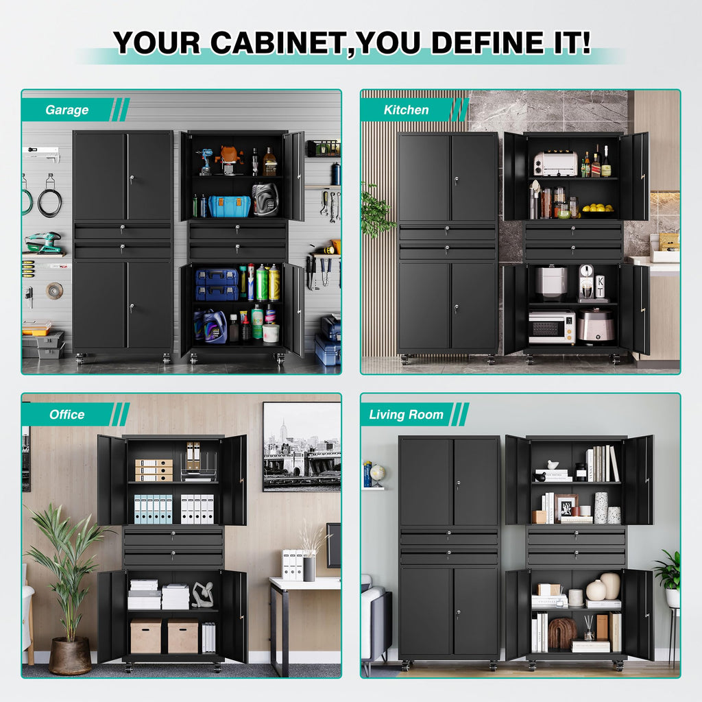 SISESOL Wide & Deep Metal Storage Cabinet with Wheels,Tall Rolling Garage Storage Cabinet with Lock,Black Metal Cabinets with Pegboards and Shelves,Tool Locker for Garage,Home,Office,43''Wx 20''Dx71"H