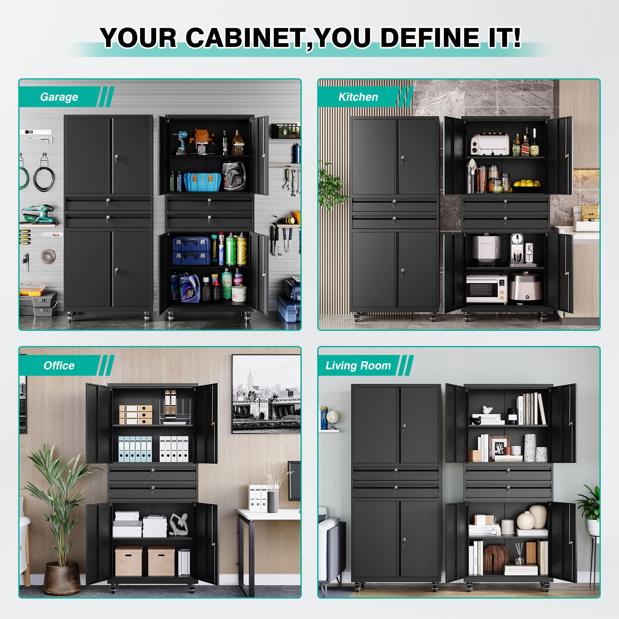 SISESOL Wide & Deep Metal Storage Cabinet with Wheels,Tall Rolling Garage Storage Cabinet with Lock,Black Metal Cabinets with Pegboards and Shelves,Tool Locker for Garage,Home,Office,43''Wx 20''Dx71"H