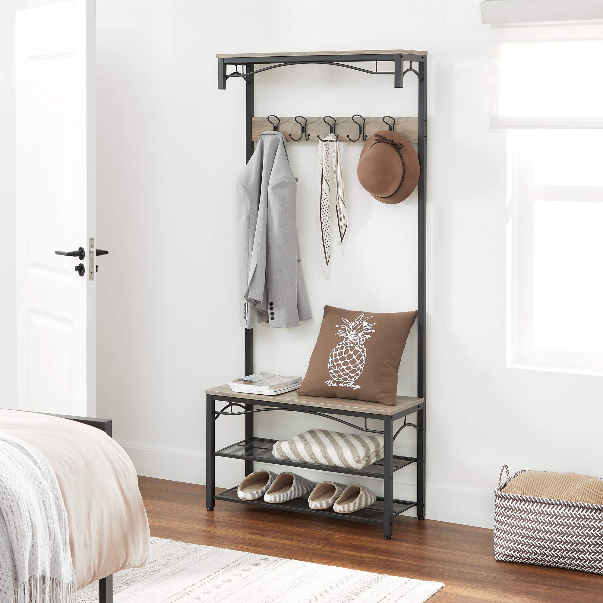 VASAGLE Shoe Bench Rack, 3-Tier Storage Shelf for Entryway Hallway Living Room, Industrial Accent Furniture with Steel Frame, 12.6 x 31.5 x 70.3 Inches, Greige