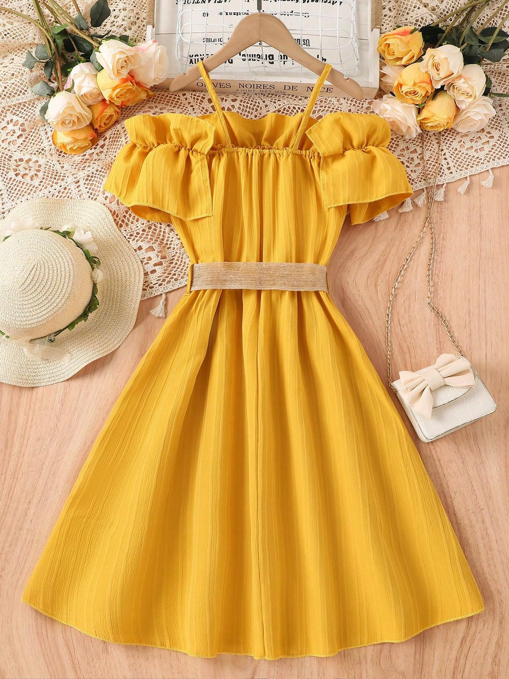 Floerns Girls Cold Shoulder Ruffle Trim Short Sleeve Belted A Line Midi Dress