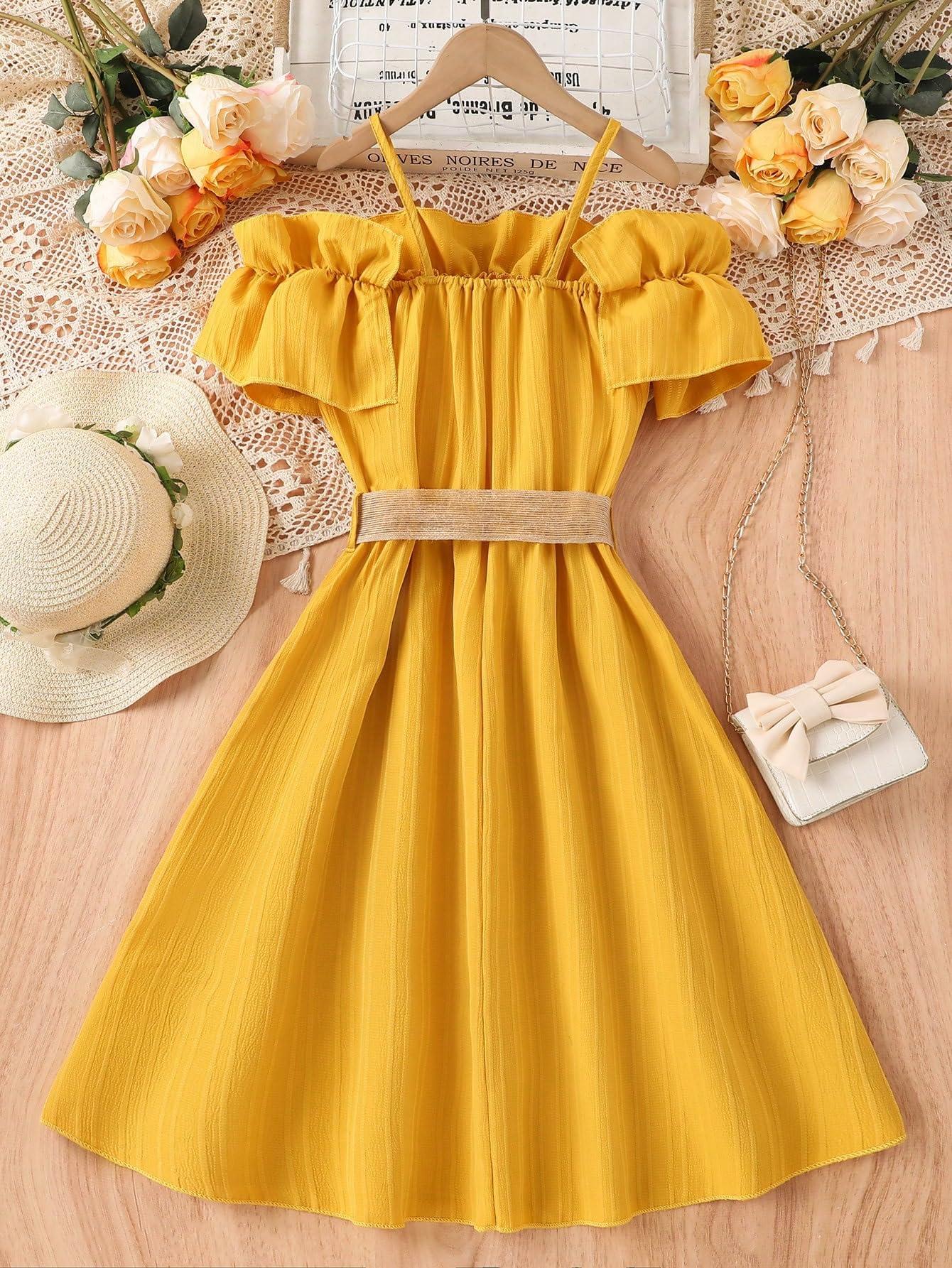 Floerns Girls Cold Shoulder Ruffle Trim Short Sleeve Belted A Line Midi Dress