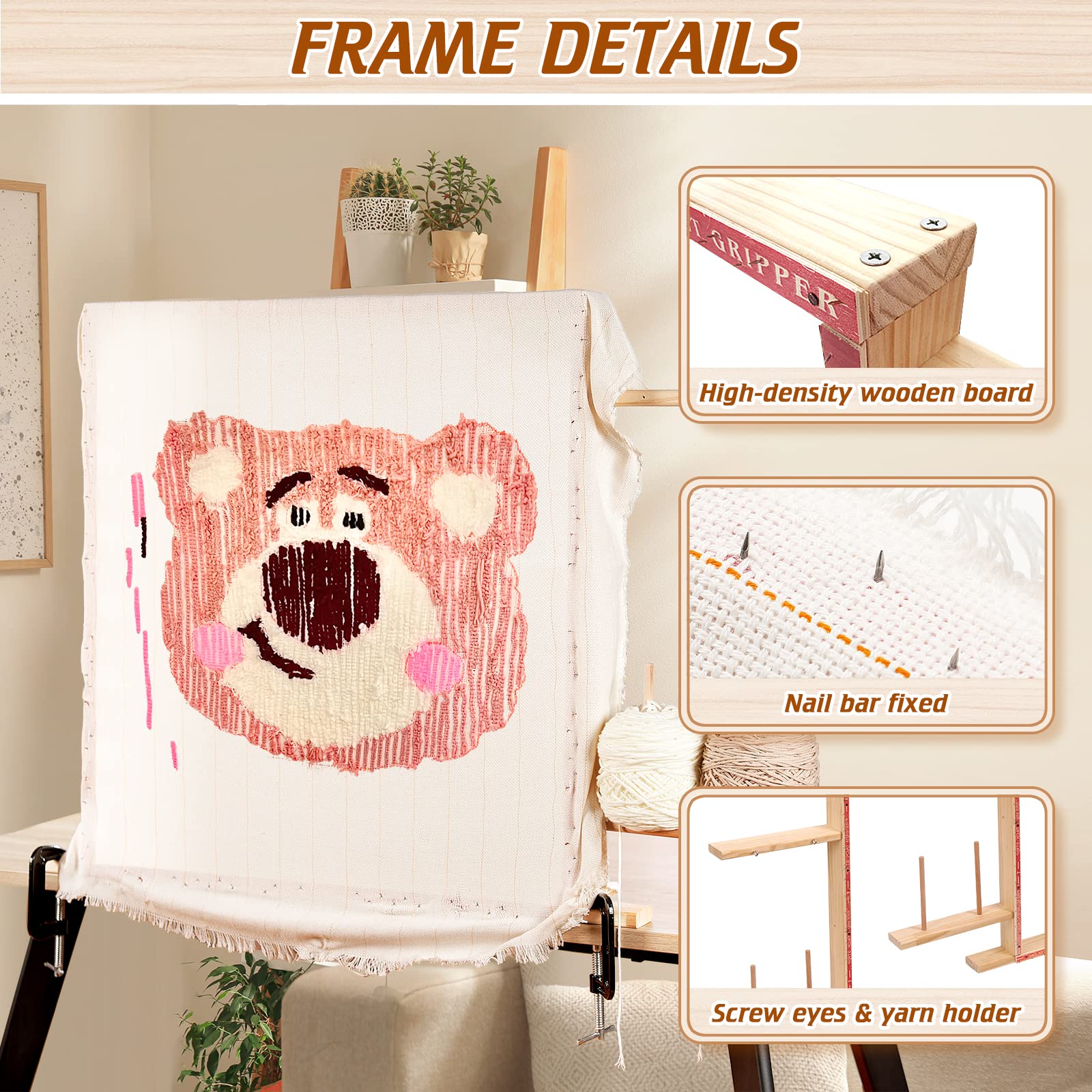 BESGEER Rug Tufting Frame with Tufting Cloth, 29.5” x 29.5” Wooden Frame Rug Making Supplies for Tufting Gun, Table Stand Frame Carpet Making