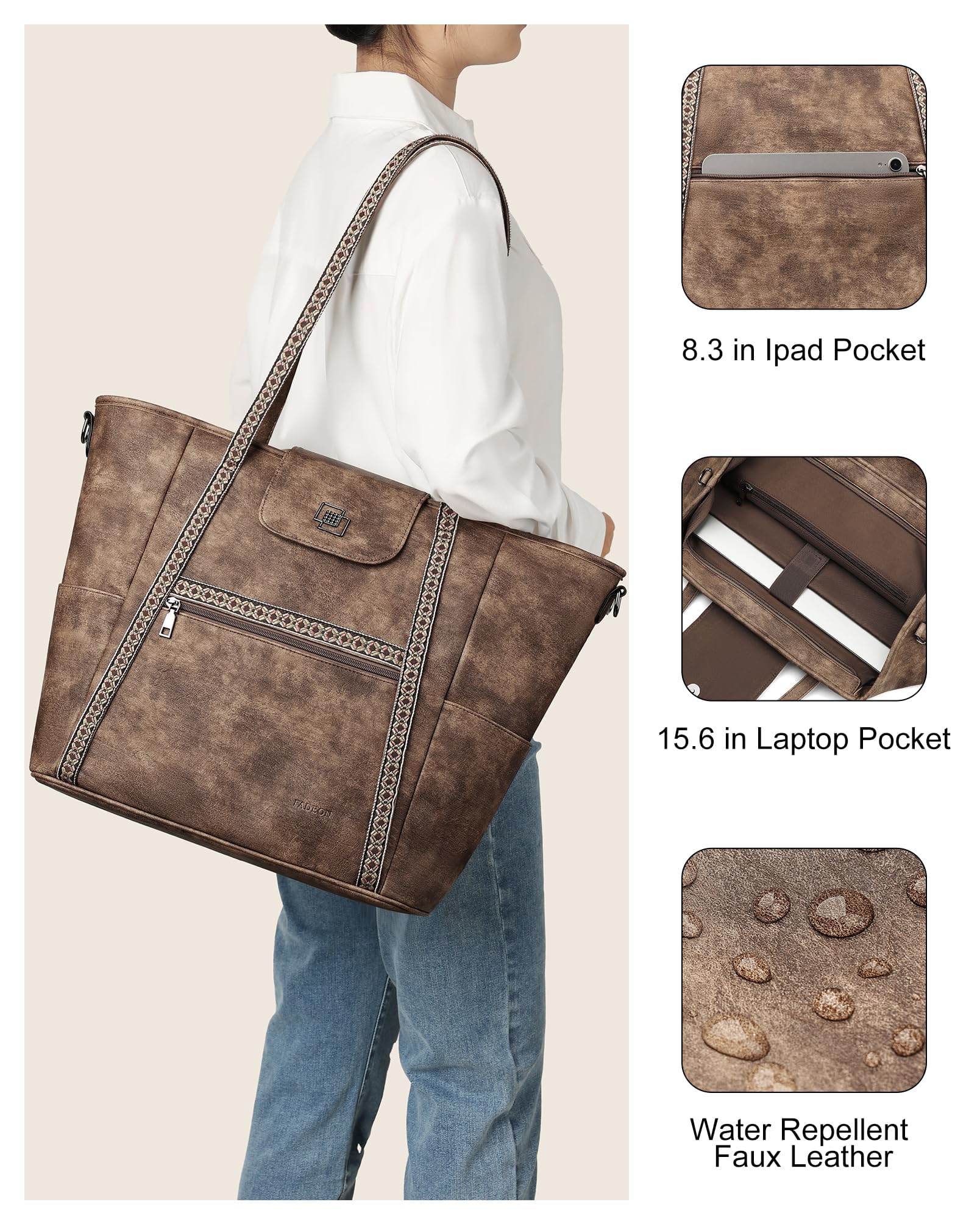 FADEON Large Laptop Tote Bag for Women Designer Leather Laptop Bag Fashion Travel Backpack Purse Shoulder Handbag