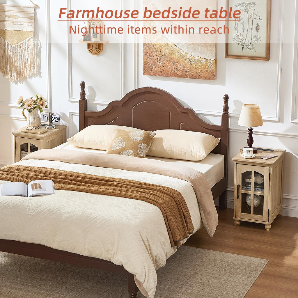 Narrow Side Table,Farmhouse Nightstand with Charging Station,Wood End Table with Glass Barn Door Storage, Cabinet Organizer with Adjustable Shelf, Night Stand for Small Spaces for Living Room Bedroom