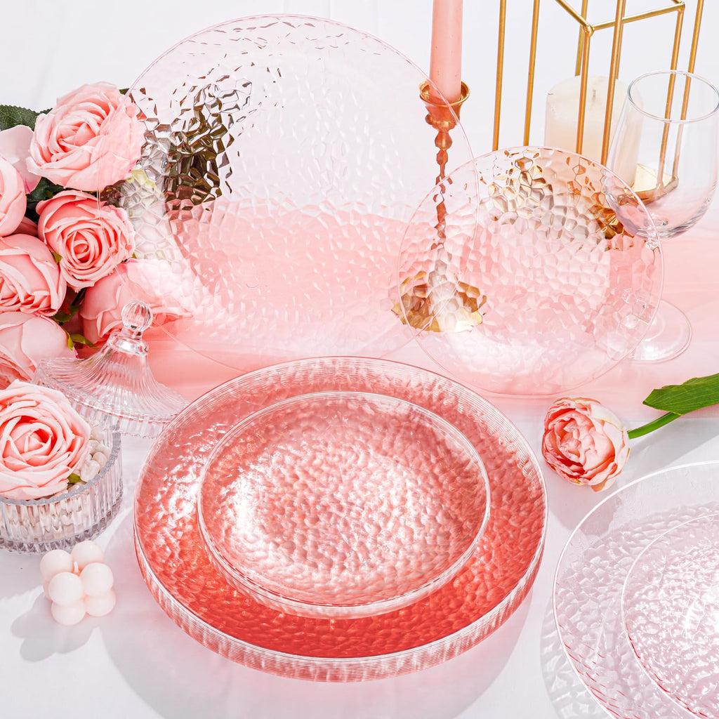 Rubtlamp 100Pcs Amber Gold Plastic Plates, Disposable Plates With Gold Rim, Heavy-duty Party Platos, Hammered Plastic Plates Include 50 Clear Dessert Plates, 50 Dinner Plates for Party