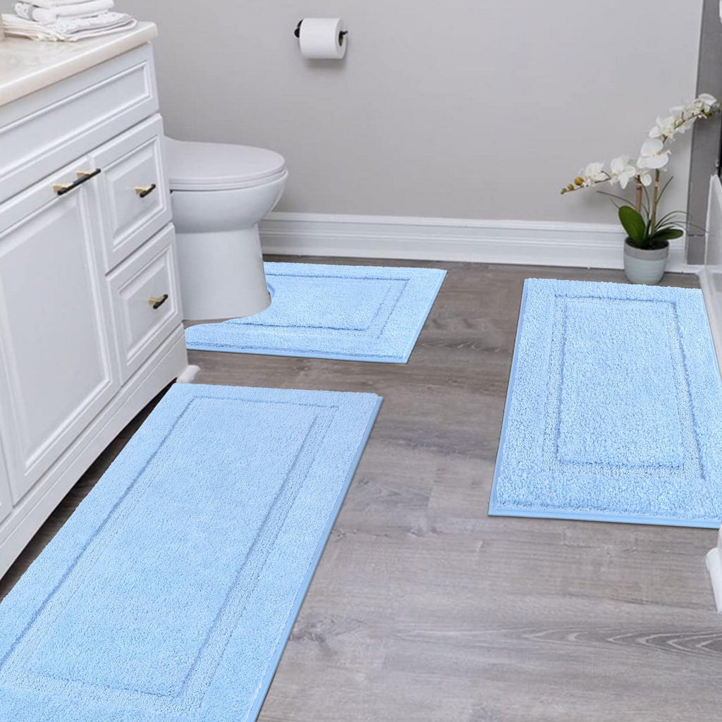 SHACOS Black Bathroom Rugs Sets 3 Piece, 16"x24" + 20"x32" Non Slip Bath Mat and 20"x24" Toilet Rugs U Shaped Washable, Soft Fluffy Water Absorbent Bath Rugs for Bathroom