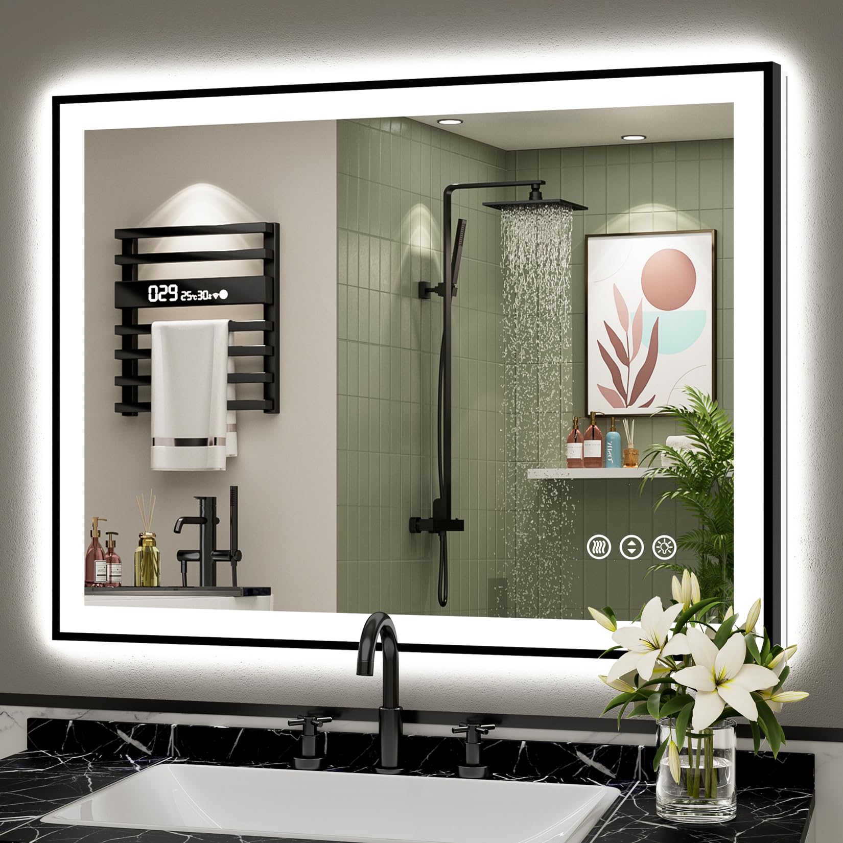 24x32 Black Framed LED Bathroom Mirror with Lights, Backlit and Front Lit Anti-Fog Lighted Vanity Mirrors for Bathroom Wall, Dimmable, 3 Colors, Memory, HD Tempered Glass, Horizontal/Vertical