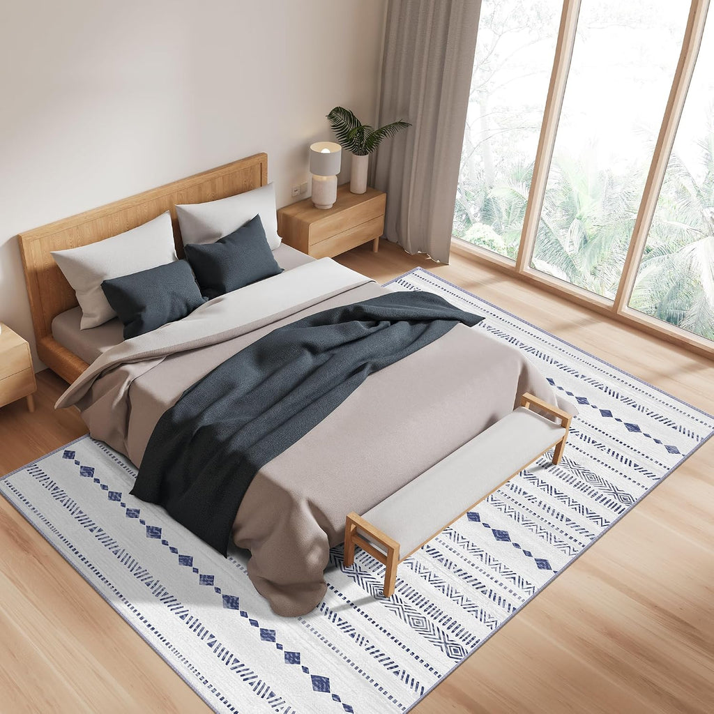 Washable Rug 6x9 Area Rugs: 6x9 Rug Moroccan Soft Geometric Machine Washable Rug Non-Slip, Low Pile Indoor Floor Neutral Carpet Large Rugs for Living Room, Bedroom, Under Dining Table- Blue/Grey
