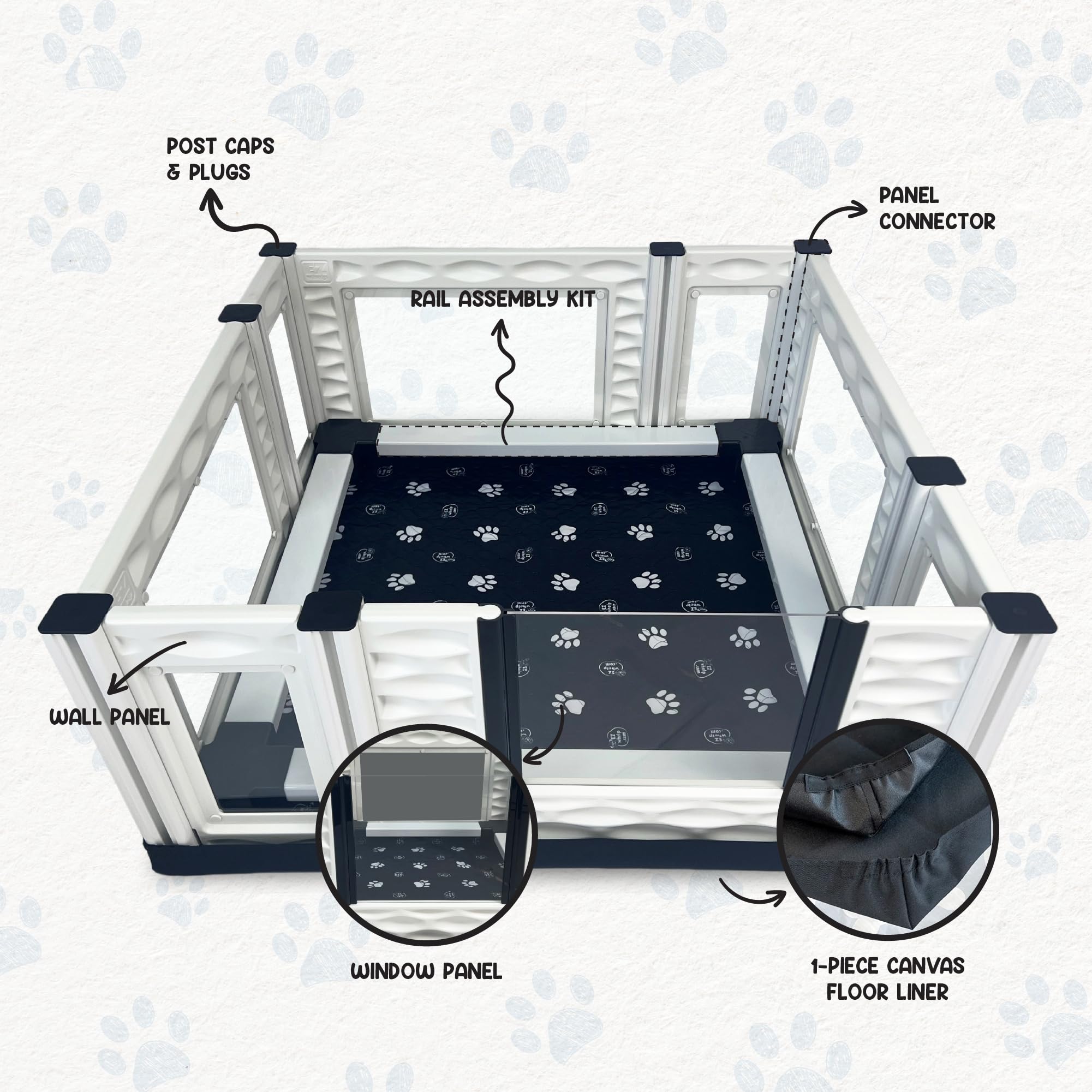 EZwhelp EZclassic Windowed 48"x48"x18" Whelping Box with Rails and Windowed Walls, Padded Dog Whelping Box, Black Pad