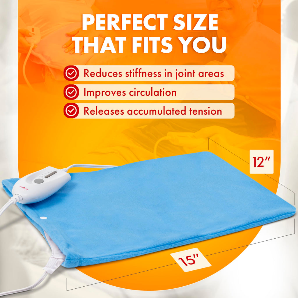 TheraCare Electric Heating Pad | Dry Heat Therapy | 4 Adjustable Heat Settings | 12" x 15" | Comfortable, Soft & Durable