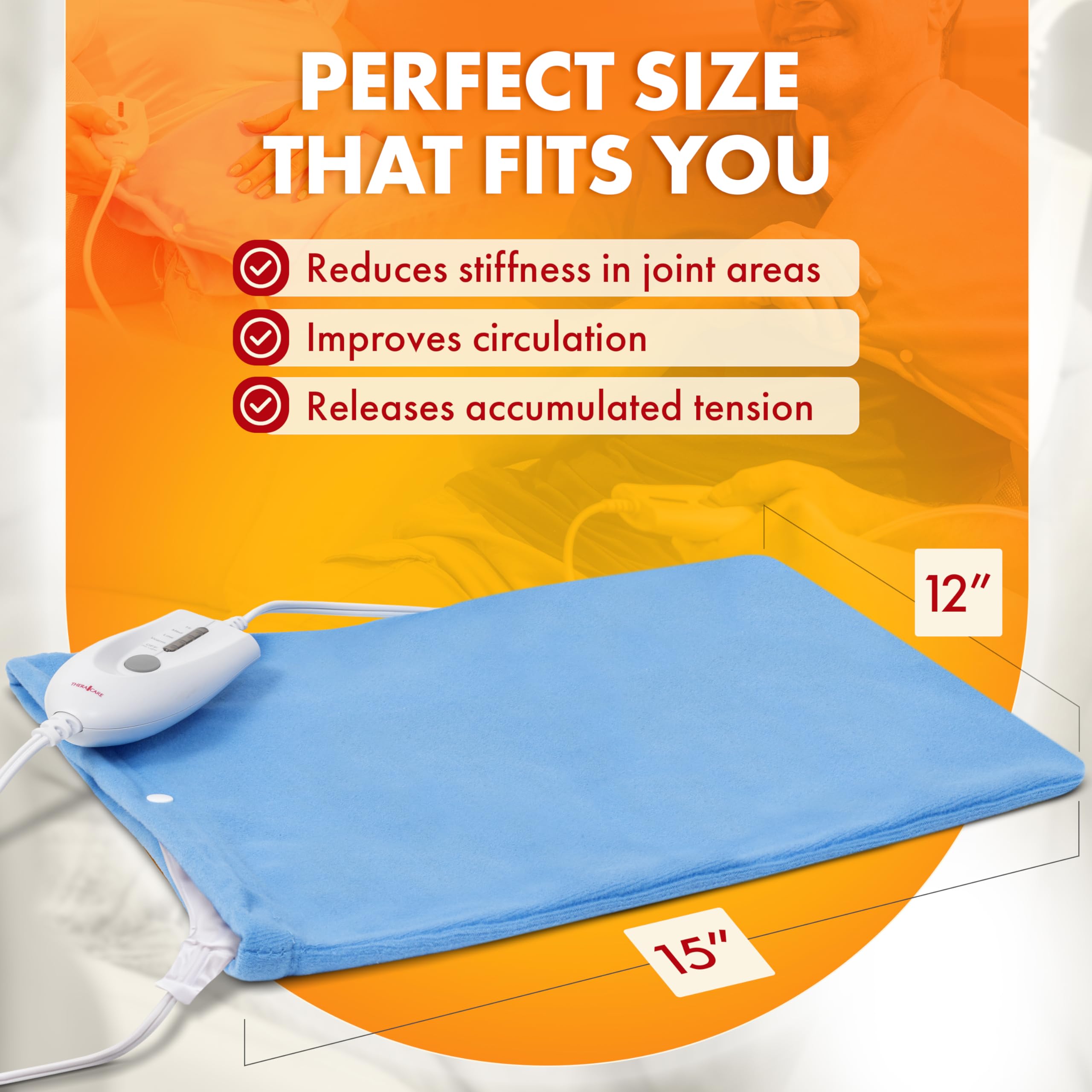 TheraCare Electric Heating Pad | Dry Heat Therapy | 4 Adjustable Heat Settings | 12" x 15" | Comfortable, Soft & Durable