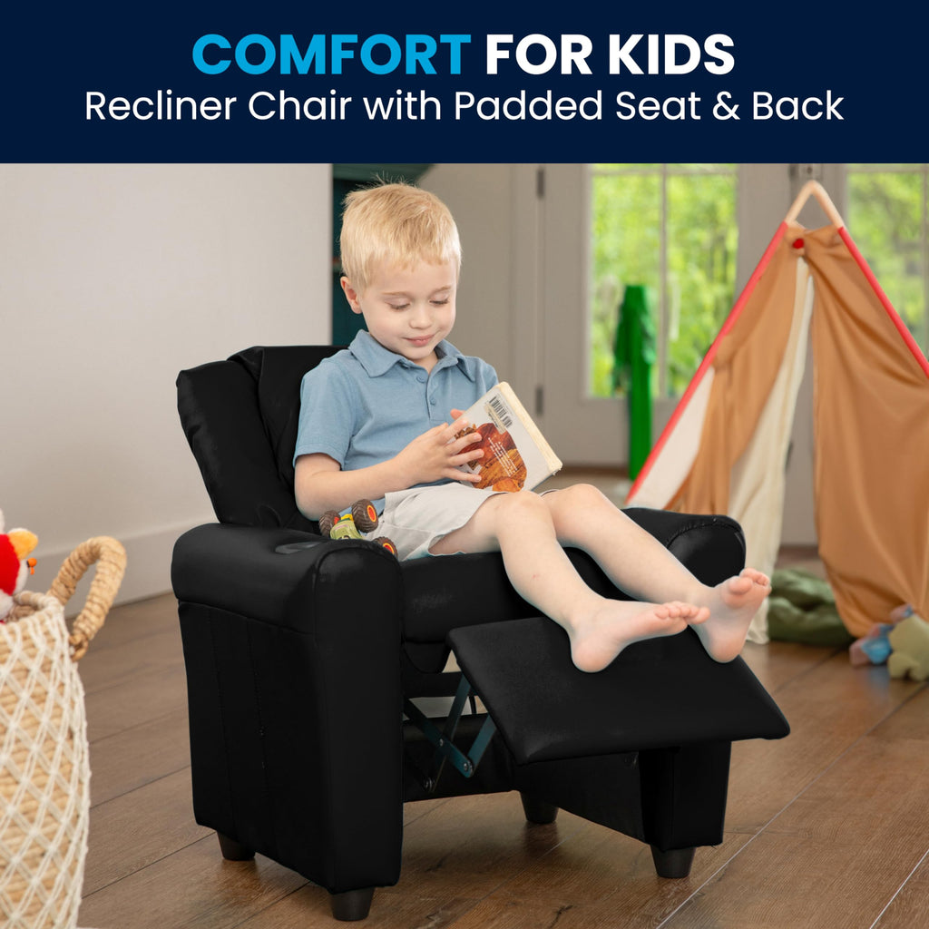 Flash Furniture Vana Vinyl Kids Recliner with Cup Holder, Headrest, and Safety Recline, Contemporary Reclining Chair for Kids, Supports up to 90 lbs., Beige