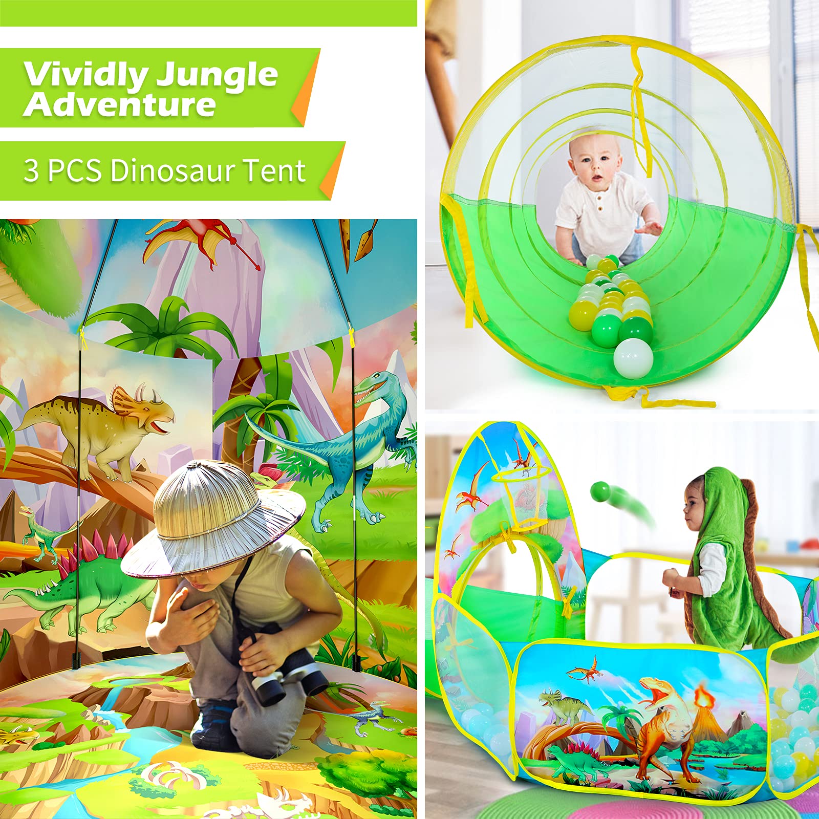 GeerWest 3PC Dinosaur Tent for Girls with Kids Ball Pit, Kids Play Tents and Crawl Tunnel for Toddlers, Pink Pop Up Playhouse Toys for Baby Indoor& Outdoor Tent Games, Birthday Kid’s Gifts