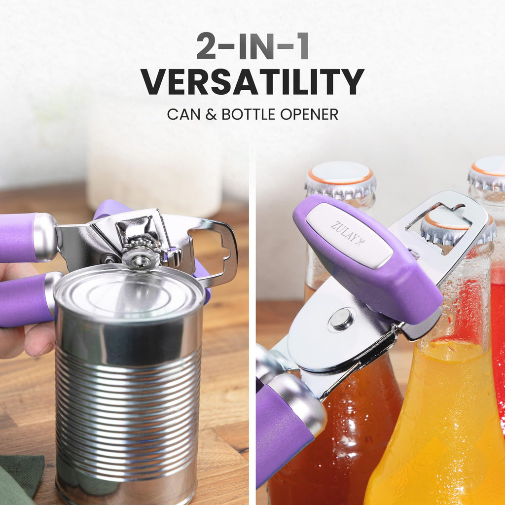 Zulay Kitchen Heavy Duty Stainless Steel Can Opener Manual with Bottle Opener - Rust Proof Manual Can Opener With Turn Knob & Comfy Soft Grip Handles - Airy Lilac