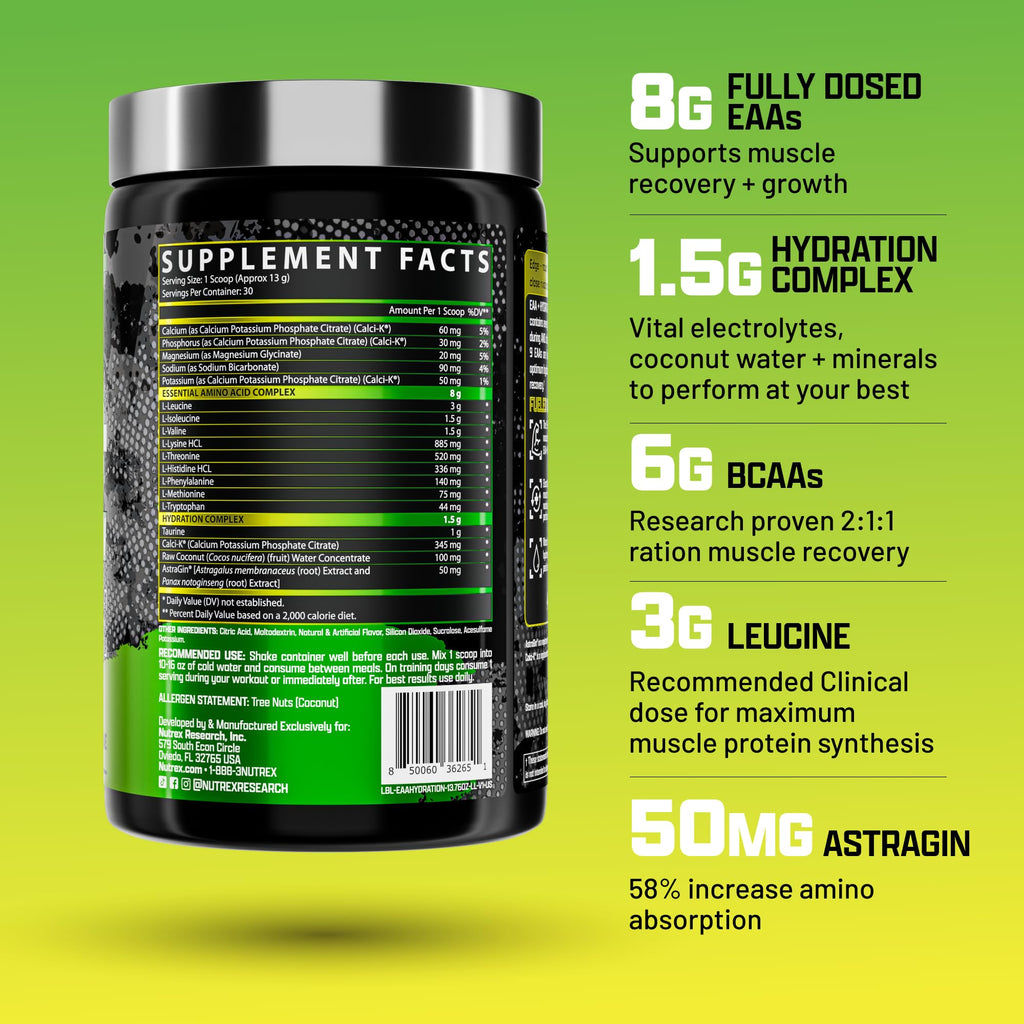 Nutrex Research EAA Hydration | EAAs + BCAAs Powder | Muscle Recovery, Strength, Muscle Building, Endurance | 8G Essential Amino Acids + Electrolytes | Apple Pear 30 Servings