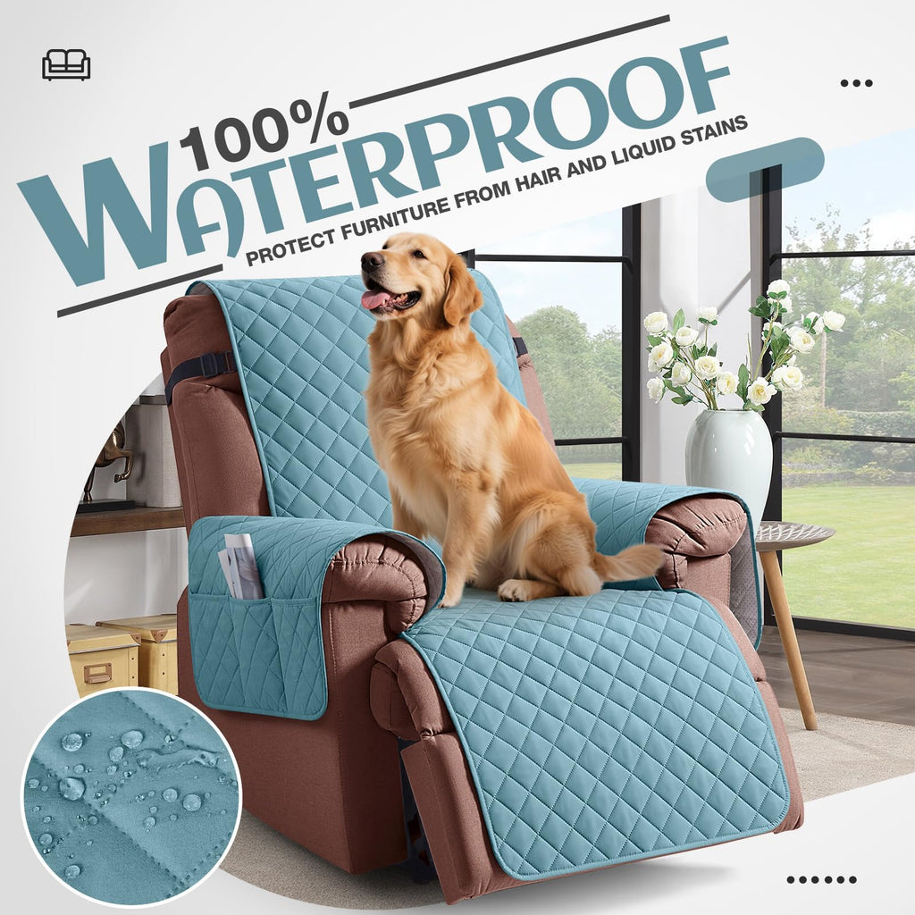 KinCam 100% Waterproof Recliner Chair Cover, Reclining Couch Covers for Pets, Dogs, Recliner Couch Slipcover Furniture Protector with Elastic Straps for Kids(23.6", Beige White)