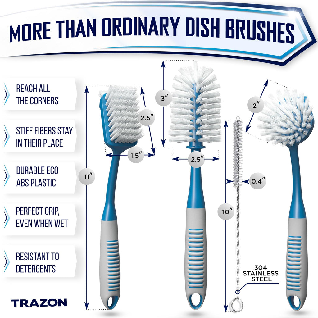 Dish Brush Set of 5 with Holder - Kitchen Scrub Brushes with Non-Slip Long Handle for Cleaning, Scrubber, Dishwashing, Dishes, Bottles, Straws, Cups, Pots & Sink, Baige