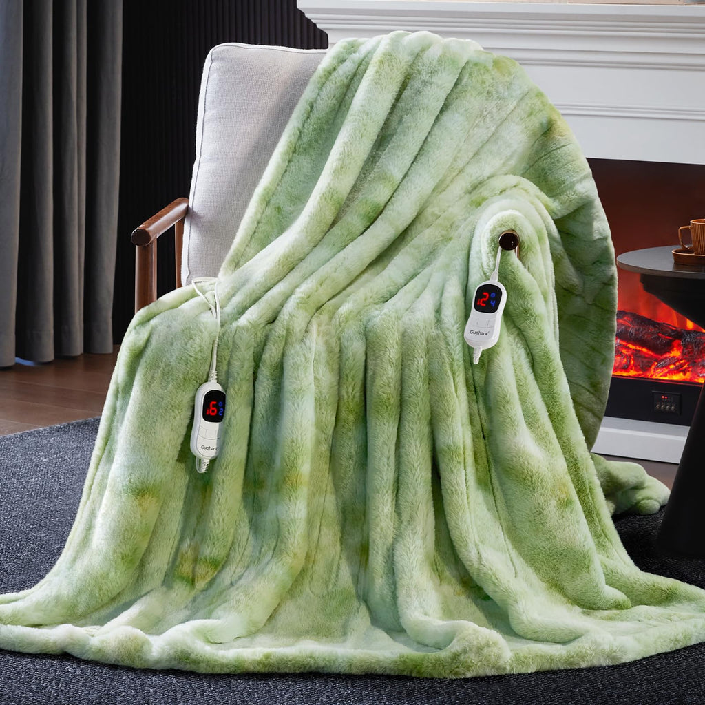 Guohaoi Heated Blanket Electric Throw, Soft Faux Rabbit Fur Electric Blanket with 10 Heating Levels 5 Sitting Timer Auto Off, Cozy Warm Heating Blankets, Machine Washable(50"×60" Beige)