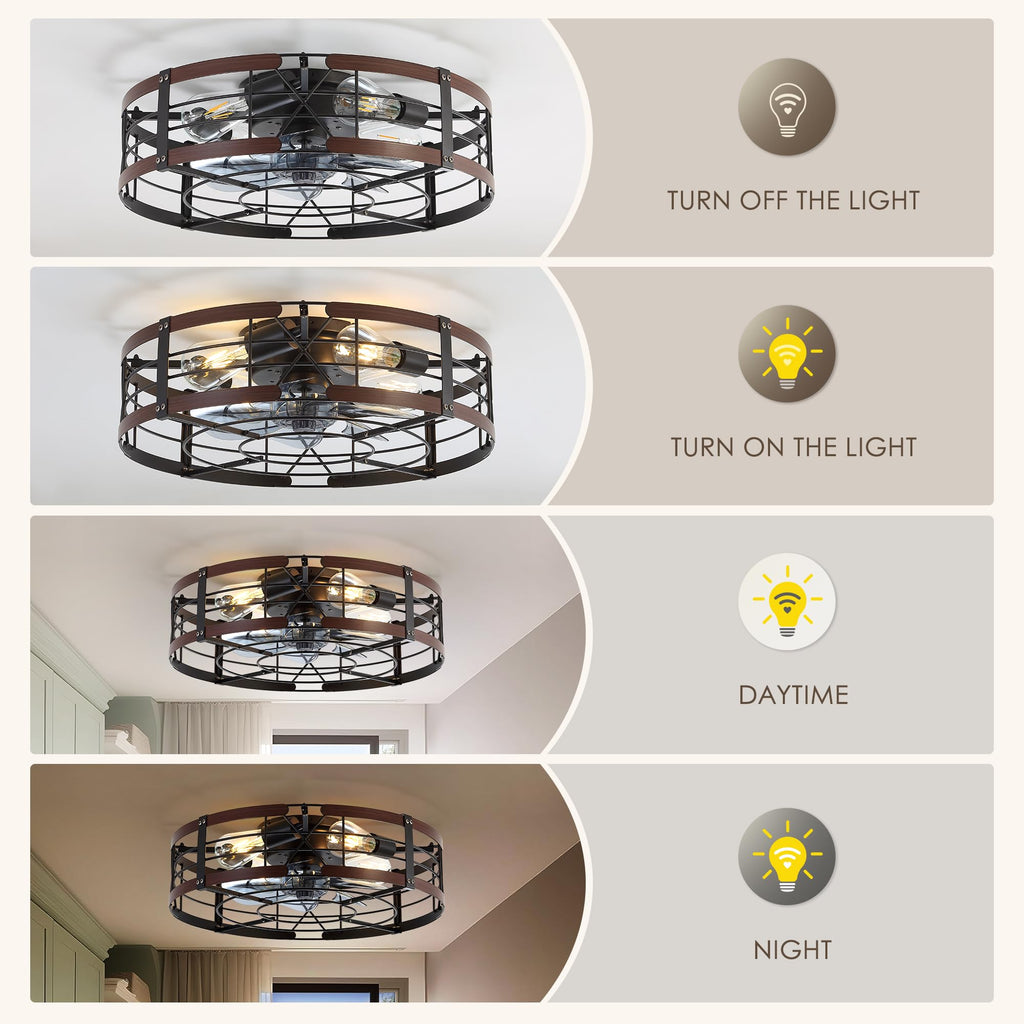 ZYD Caged Ceiling Fan with Light, 20" Ceiling Fan with Lights and Remote Flush Mount, Bladeless Caged Ceiling Fans with Lights, Matte Black Rustic Fan for Bedroom, Kitchen, Dining Room