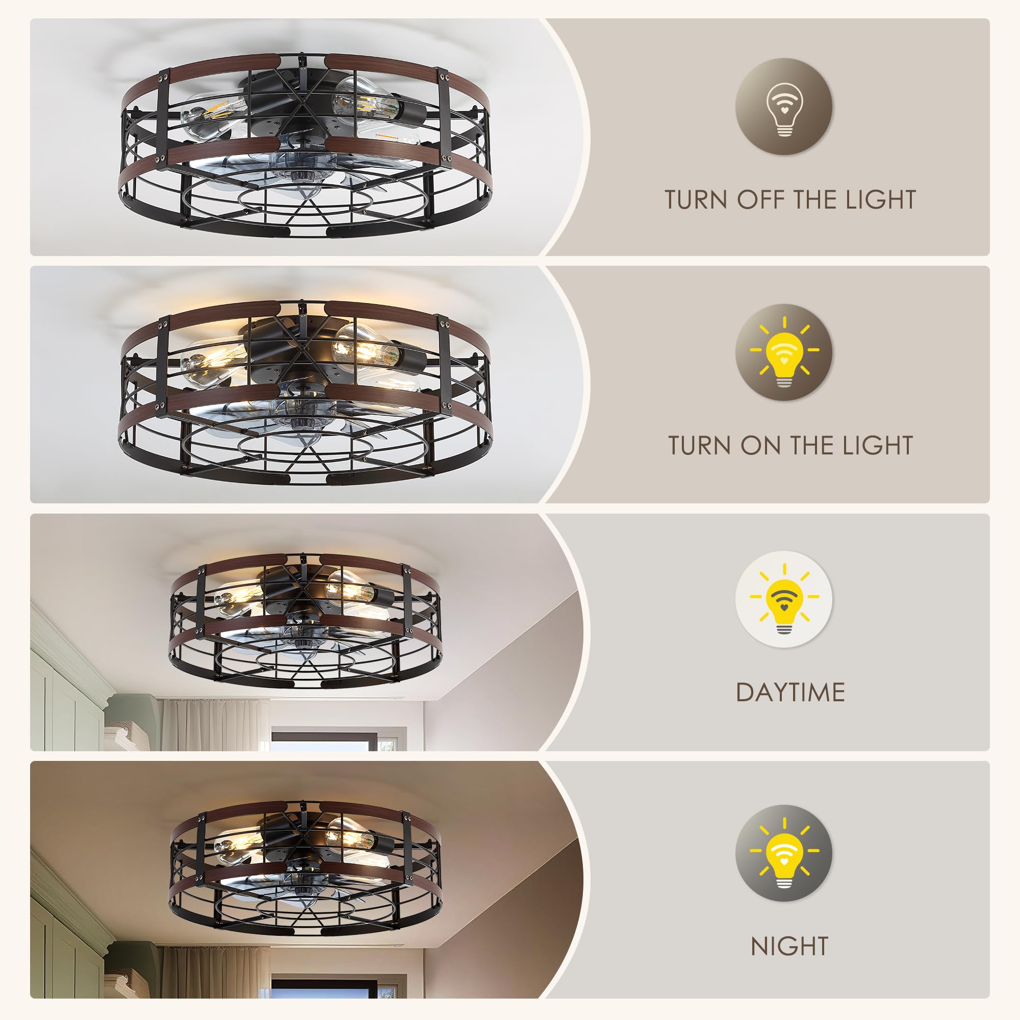 ZYD Caged Ceiling Fan with Light, 20" Ceiling Fan with Lights and Remote Flush Mount, Bladeless Caged Ceiling Fans with Lights, Matte Black Rustic Fan for Bedroom, Kitchen, Dining Room