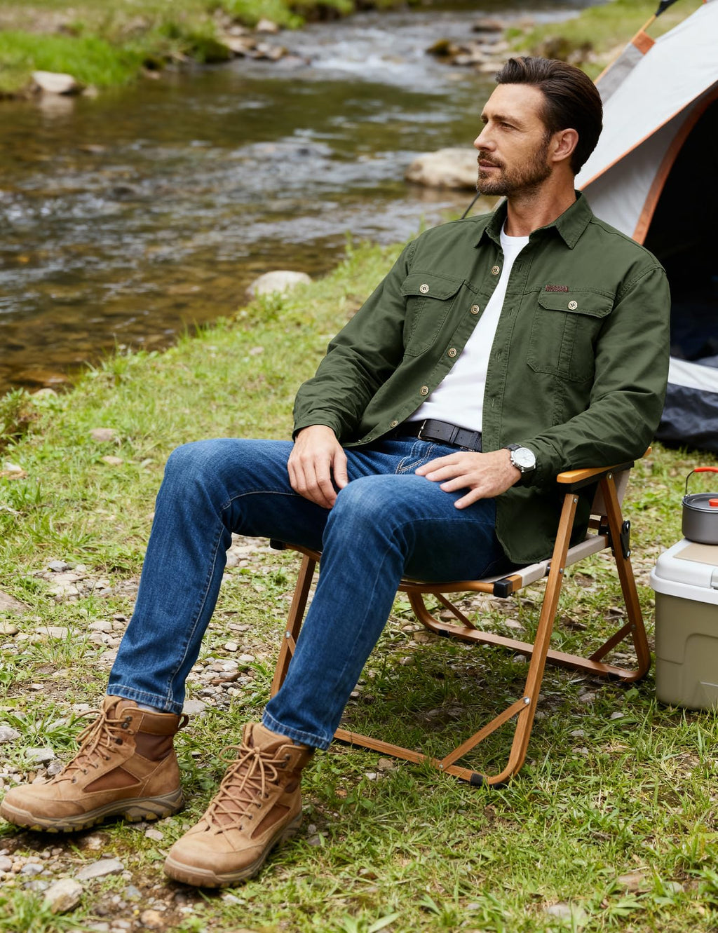 Eisctnd Men's Long Sleeve Cotton Work Shirt Casual Loose Fit Button Down Shirts with 2-Pocket for Outdoor Safari