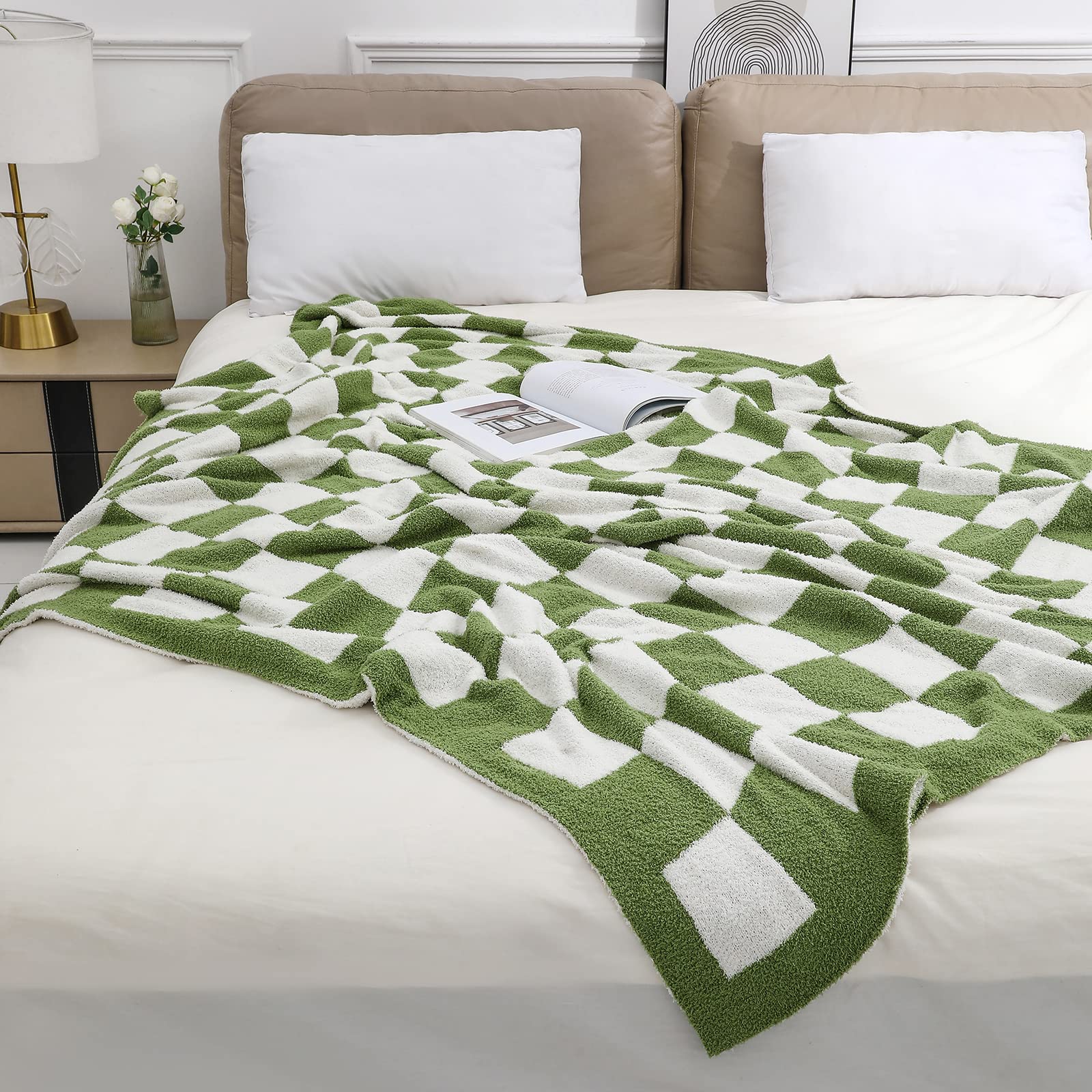 bearberry Fuzzy Checkerboard Grid Throw Blanket Soft Cozy Warm Microfiber All Season Blanket Decor for Couch Sofa Bed Travel Home (Avocado Green, 50''x60'')
