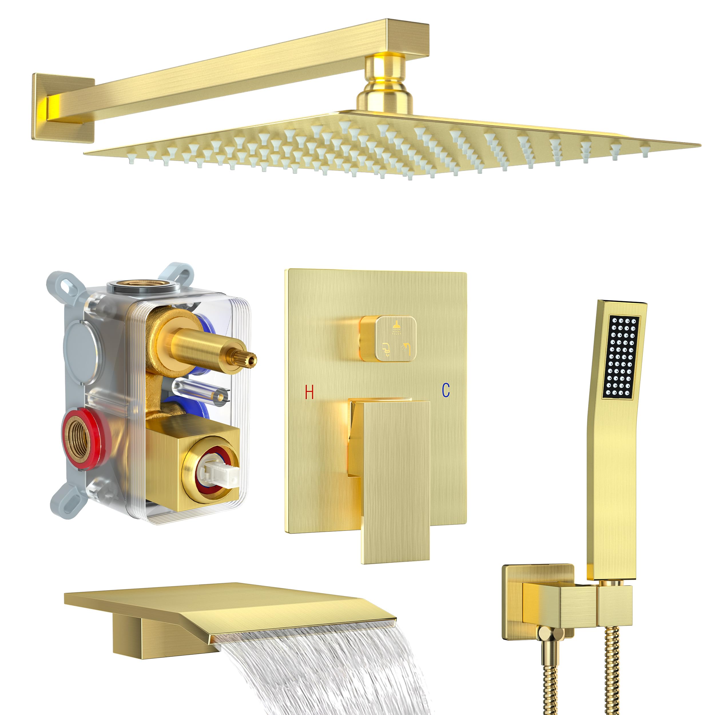 Brushed Gold Shower System with 10-Inch Rain Showerhead and Tub Spout | cUPC-certified pressure balance brass valve to prevent scalding, CEC-certified air injection technology for low pressure