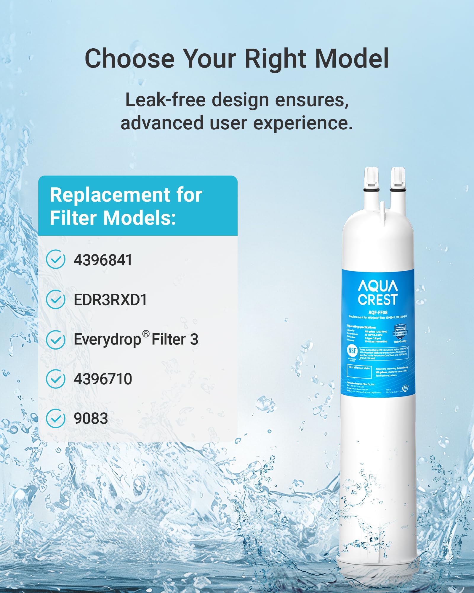 AQUA CREST EDR3RXD1 Replacement for 4396841, Everydrop® Filter 3, 4396710, Kenmore® 46-9083, 46-9030, Refrigerator Water Filter, 1 Filter
