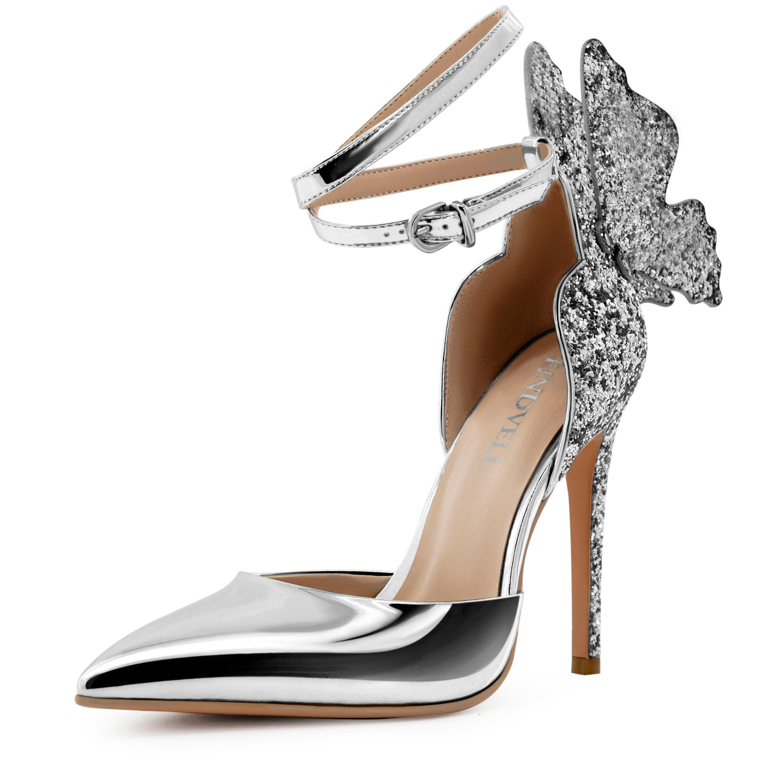 FINDVELL Gold High Heels Butterfly Back Sexy Stiletto Pumps Closed Toe Sparkly Ankle Strap Heels Sandals Dress Shoes for Women