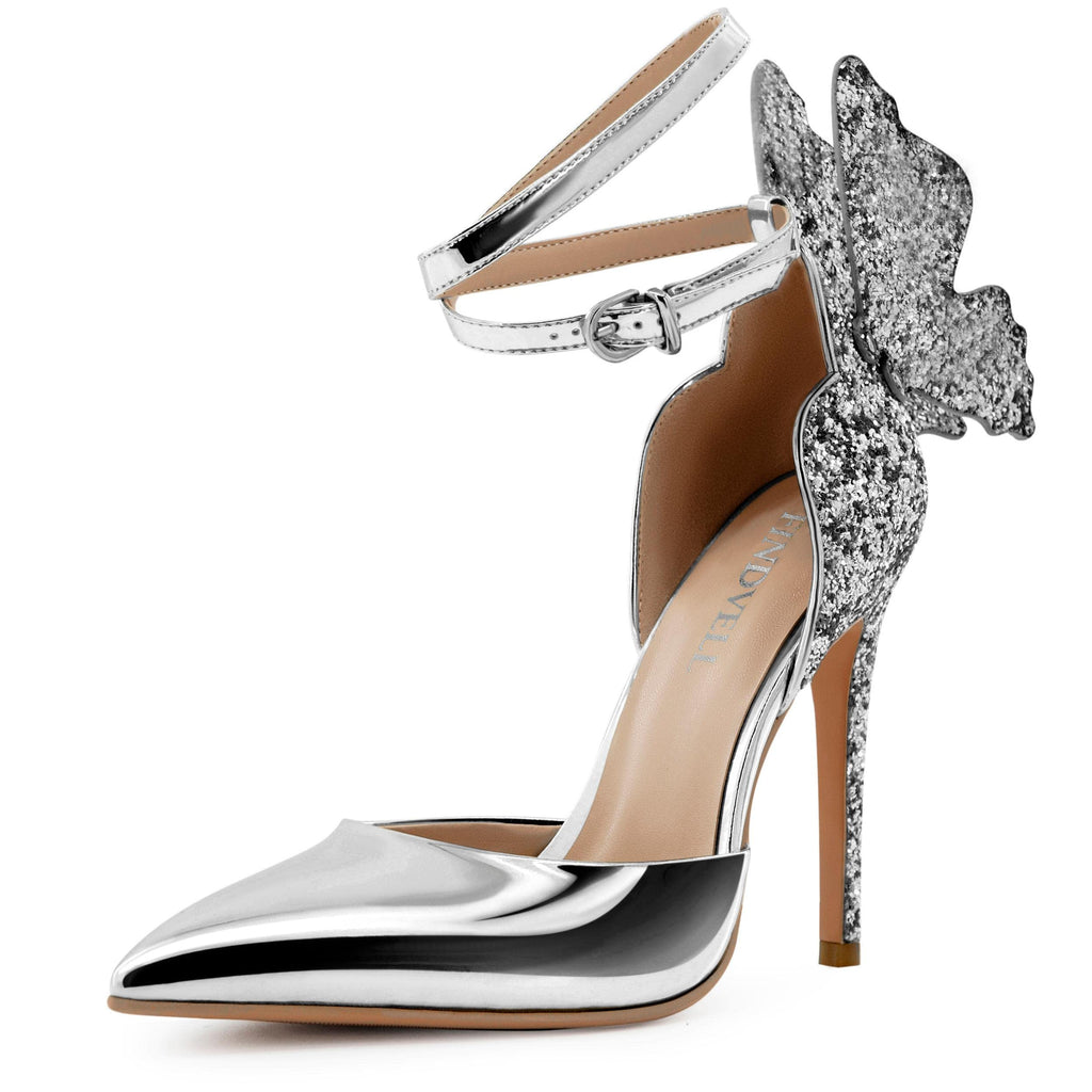 FINDVELL Gold High Heels Butterfly Back Sexy Stiletto Pumps Closed Toe Sparkly Ankle Strap Heels Sandals Dress Shoes for Women