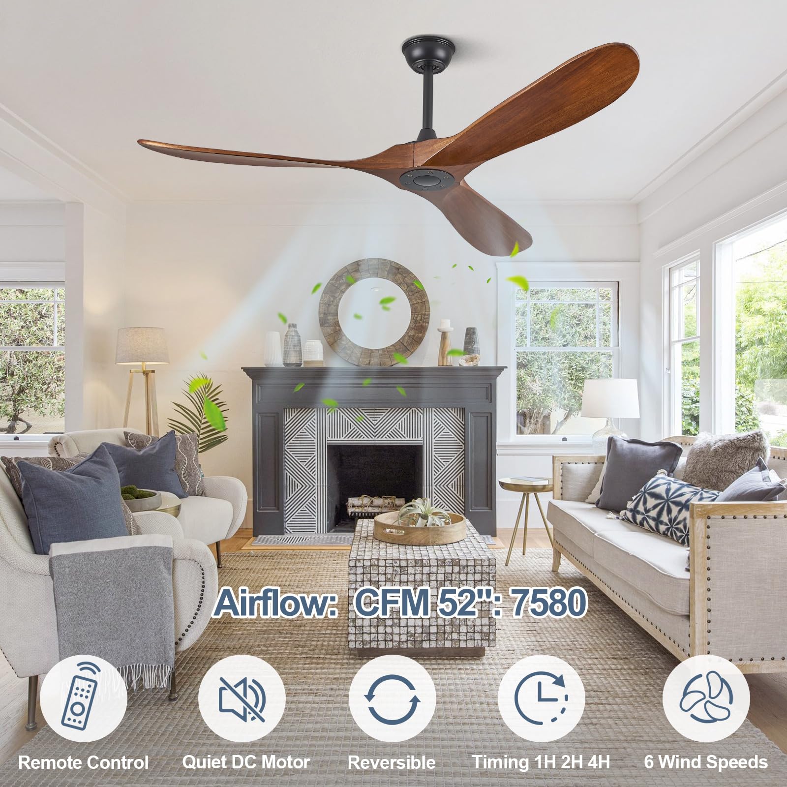 ABZ Ceiling Fans without Lights - 52 Inch Modern Ceiling Fans no Lights with Remote Control, Black 3 Blade Solid Wood Indoor Outdoor Ceiling Fans for Patios Living Room Bedroom