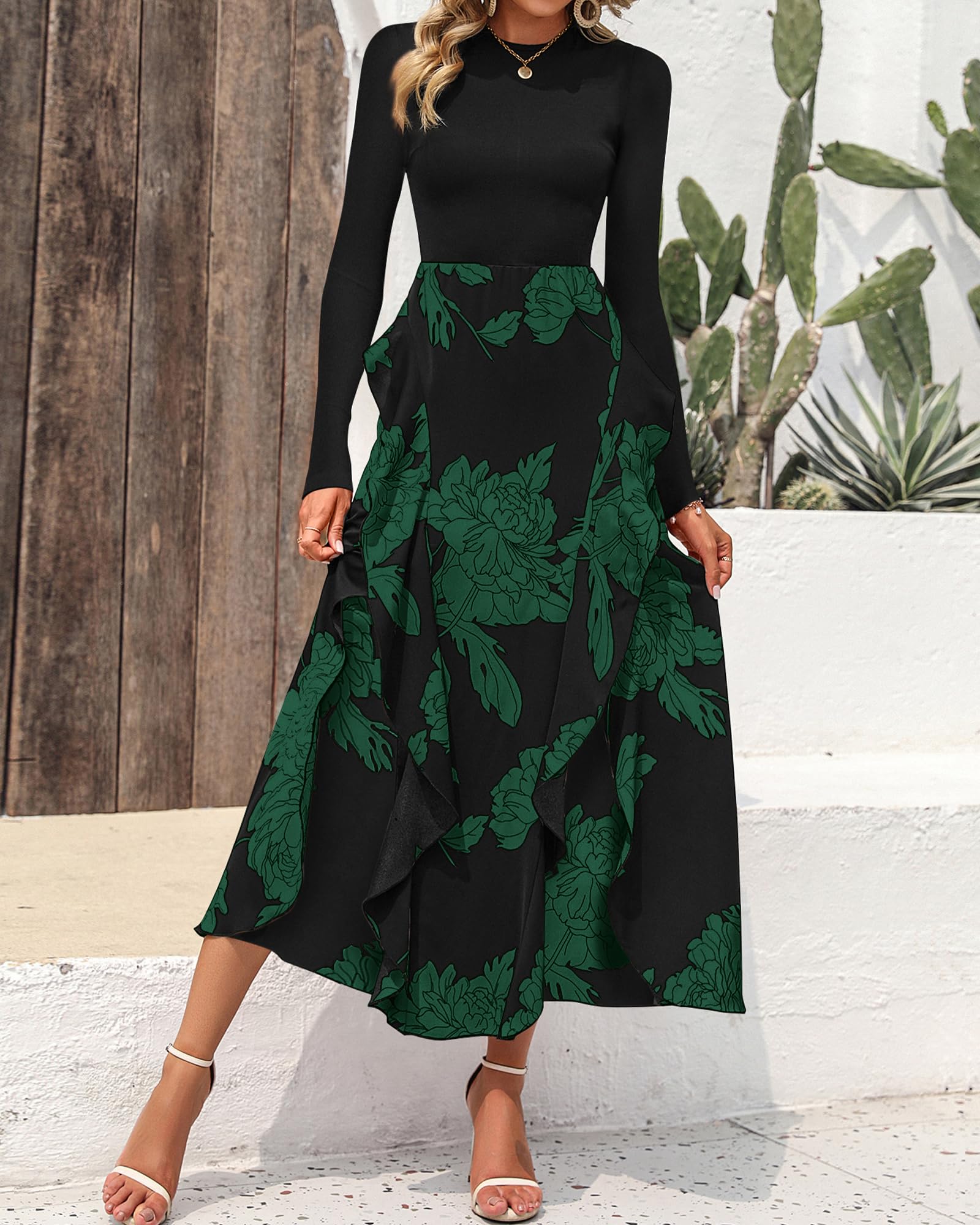 BTFBM Womens Floral Maxi Dress Fall 2025 Casual Crewneck Long Sleeve Ruffle Flowy Cocktail Wedding Guest Dresses
