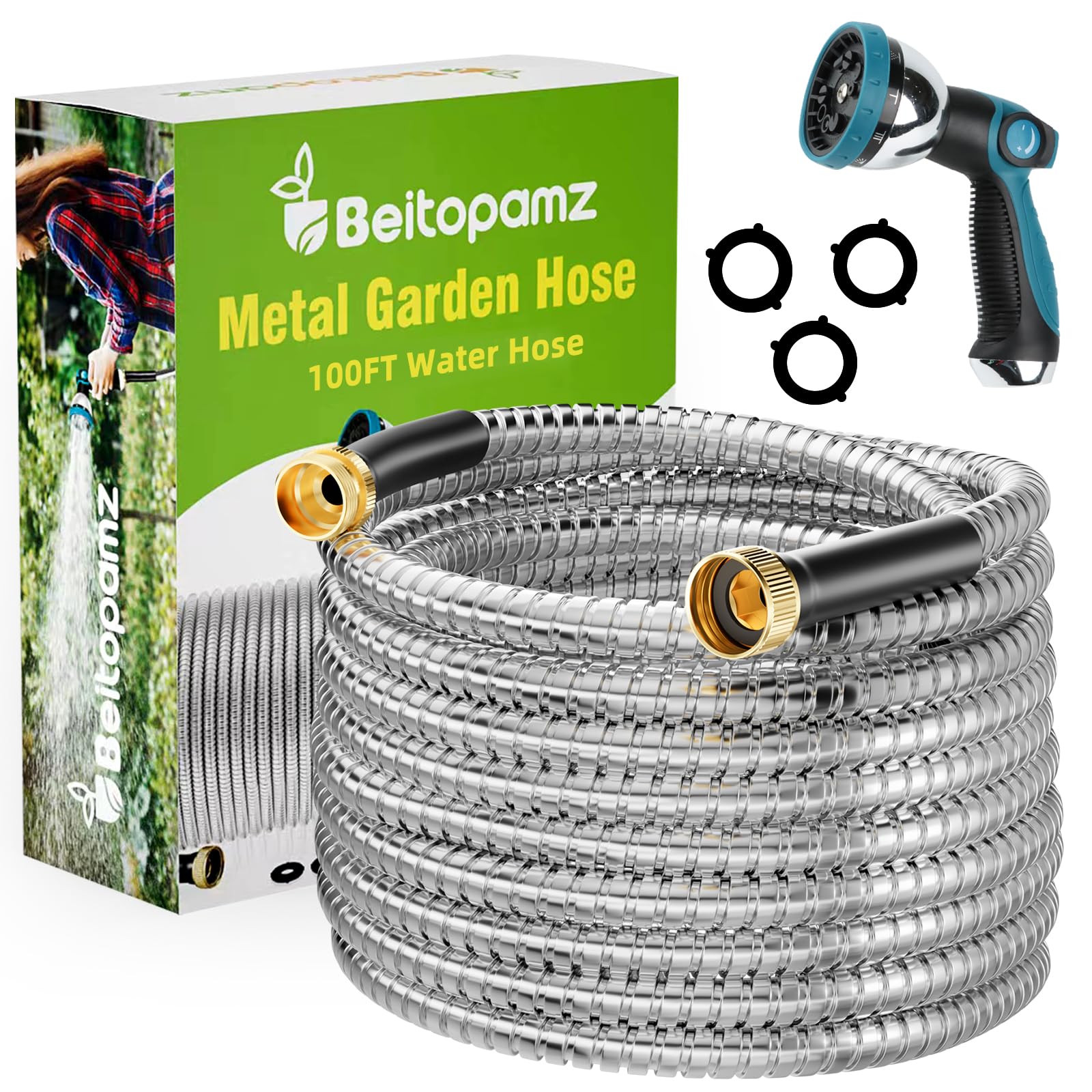 Beitopamz Garden Hose 25 ft, Stainless Steel Metal Water Hose with Nozzle, Flexible and Durable, Rust Proof, No-Kink, Heavy Duty, Leakproof 3/4'' Brass Fittings, Lightweight Hose for Patio, Lawn