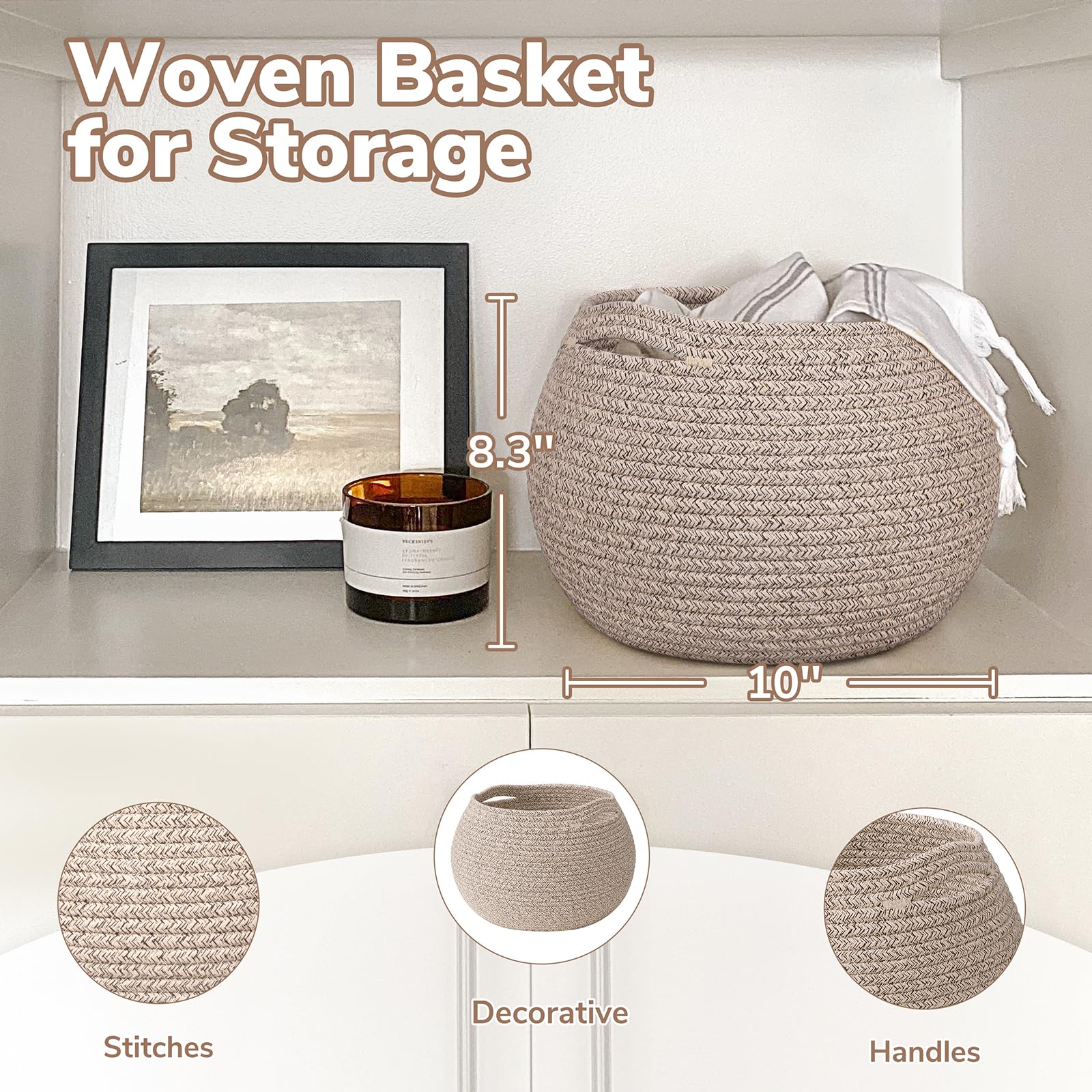 Goodpick Small Rope Storage Basket, Black Round Baskets for Socks, Dog Toys, Towels, Cute Baby Basket for Living Room, Bedroom, Nursery, Towel Baskets for Bathroom, 10 x 8.3 inches