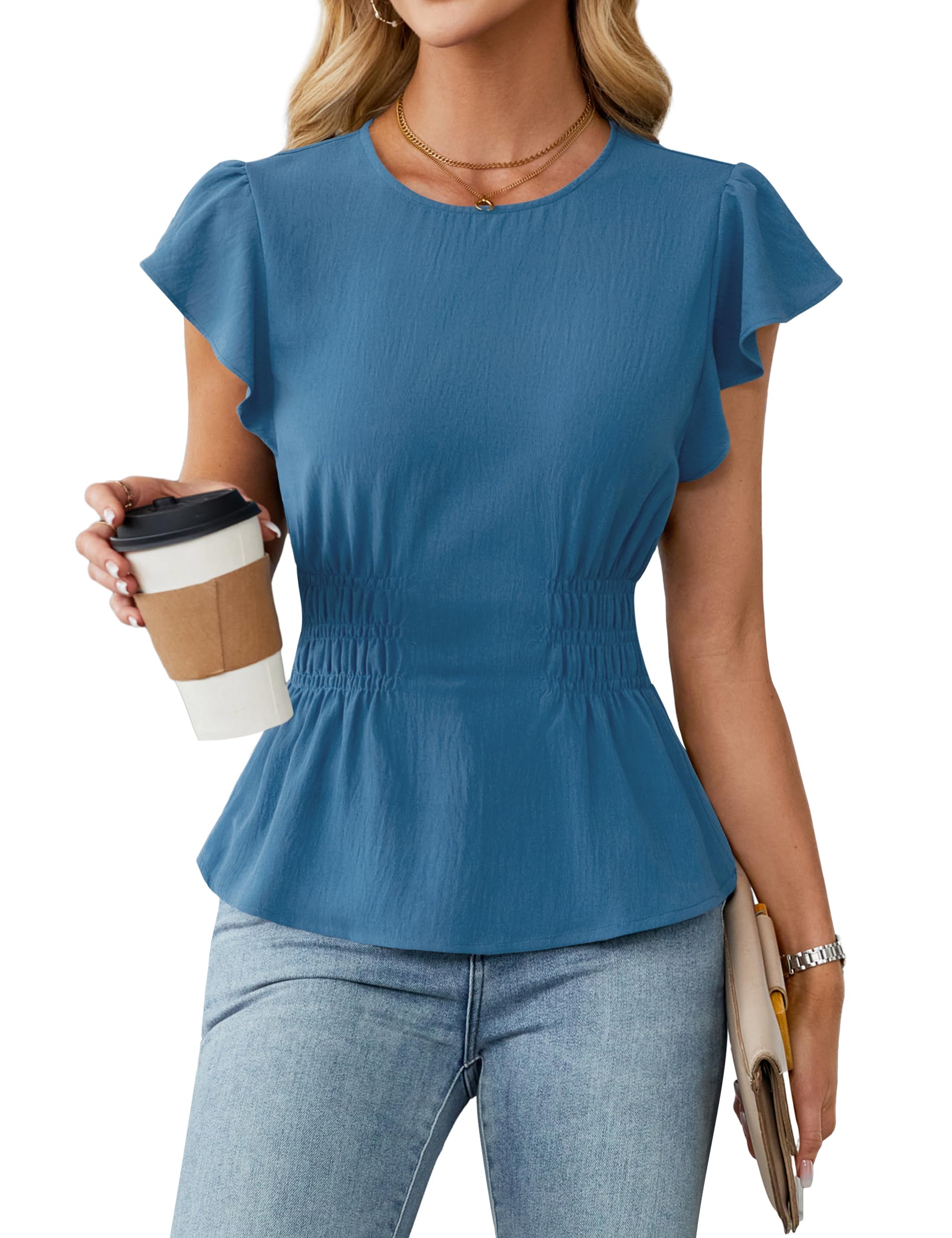 Blooming Jelly Women's Dressy Casual Blouses Business Ruffle Short Sleeve Tops Summer Crew Neck Smocked Shirts