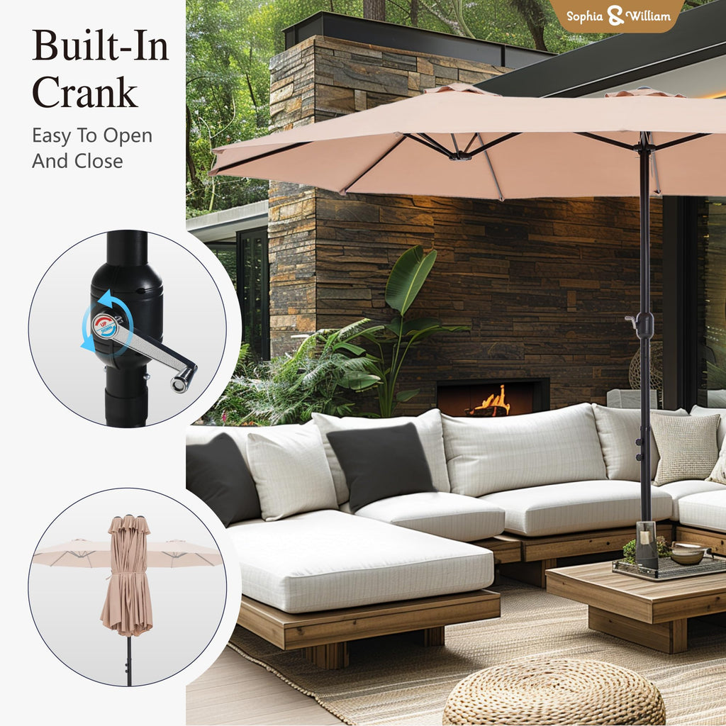 Sophia & William 15 ft Extra Large Patio Umbrella with Base Included, Rectangular Outdoor Umbrella Heavy Duty, Market Umbrella Double-sided Fade Resistant for Pool Garden Backyard, Beige