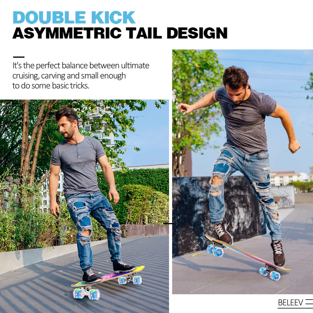 BELEEV Cruiser Skateboards for Beginners, 27 x 8 inch Complete Skateboard for Kids Teens Adults, 7 Ply Canadian Maple Double Kick Deck Concave Skateboard with Skate T-Tool