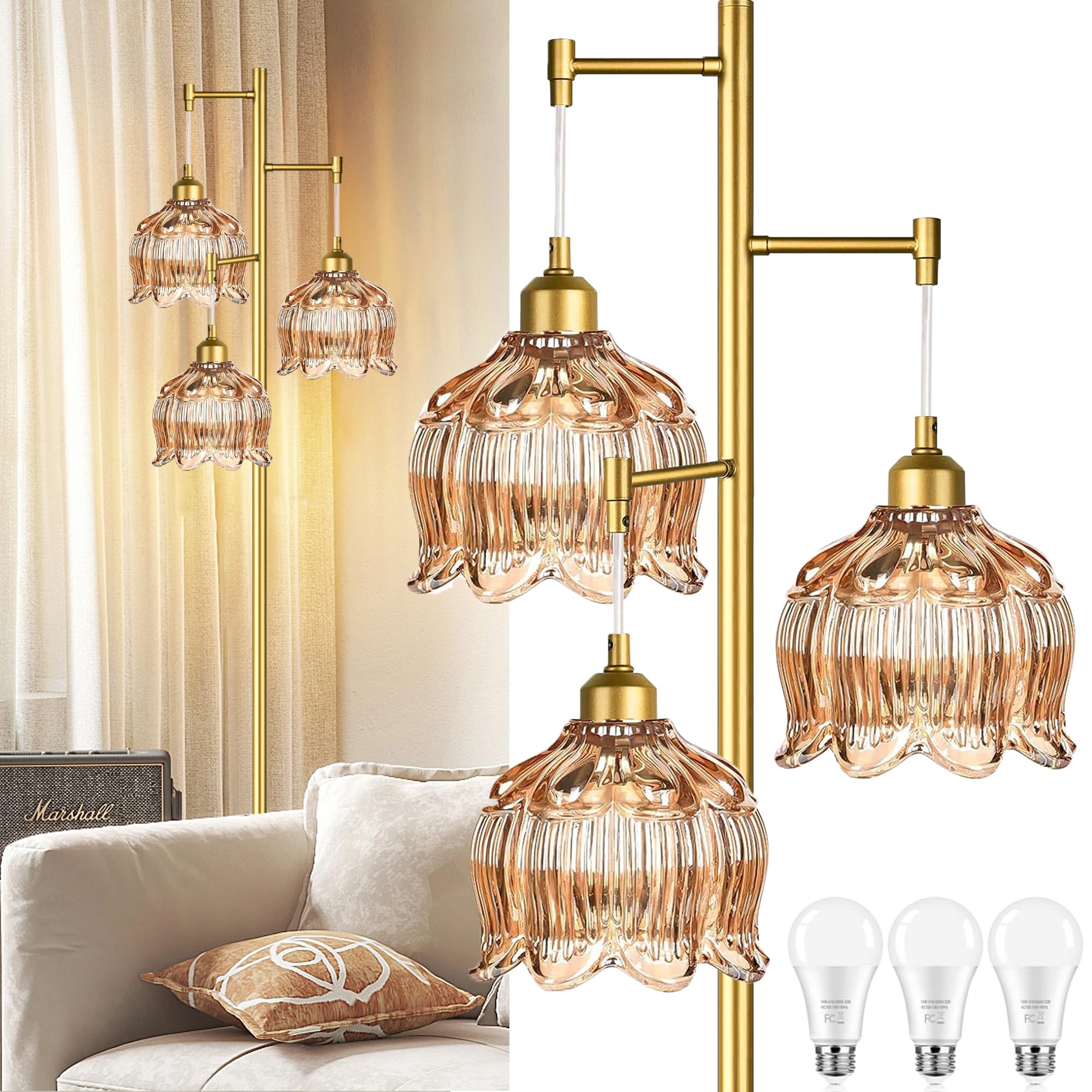 AHDWDW Gold Floor Lamp for Living Room Bedroom,Modern Floor Lamps with Unique Amber Glass Shades,68IN Mid Century Tall Flower Standing Lamp,Vintage 3 Lights Tree Floor Lamp for Corner Office Reading