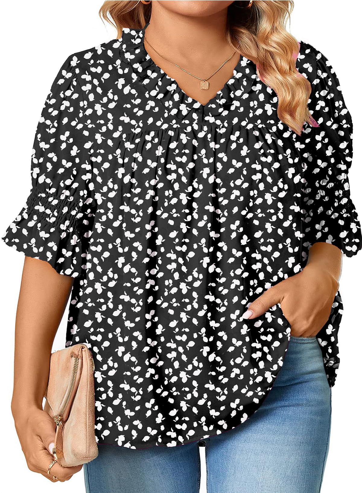 Eytino Plus Size Tops for Women Summer V Neck Short Sleeve Boho Floral Printed Flowy Chiffon Shirts Blouse(1X-5X)