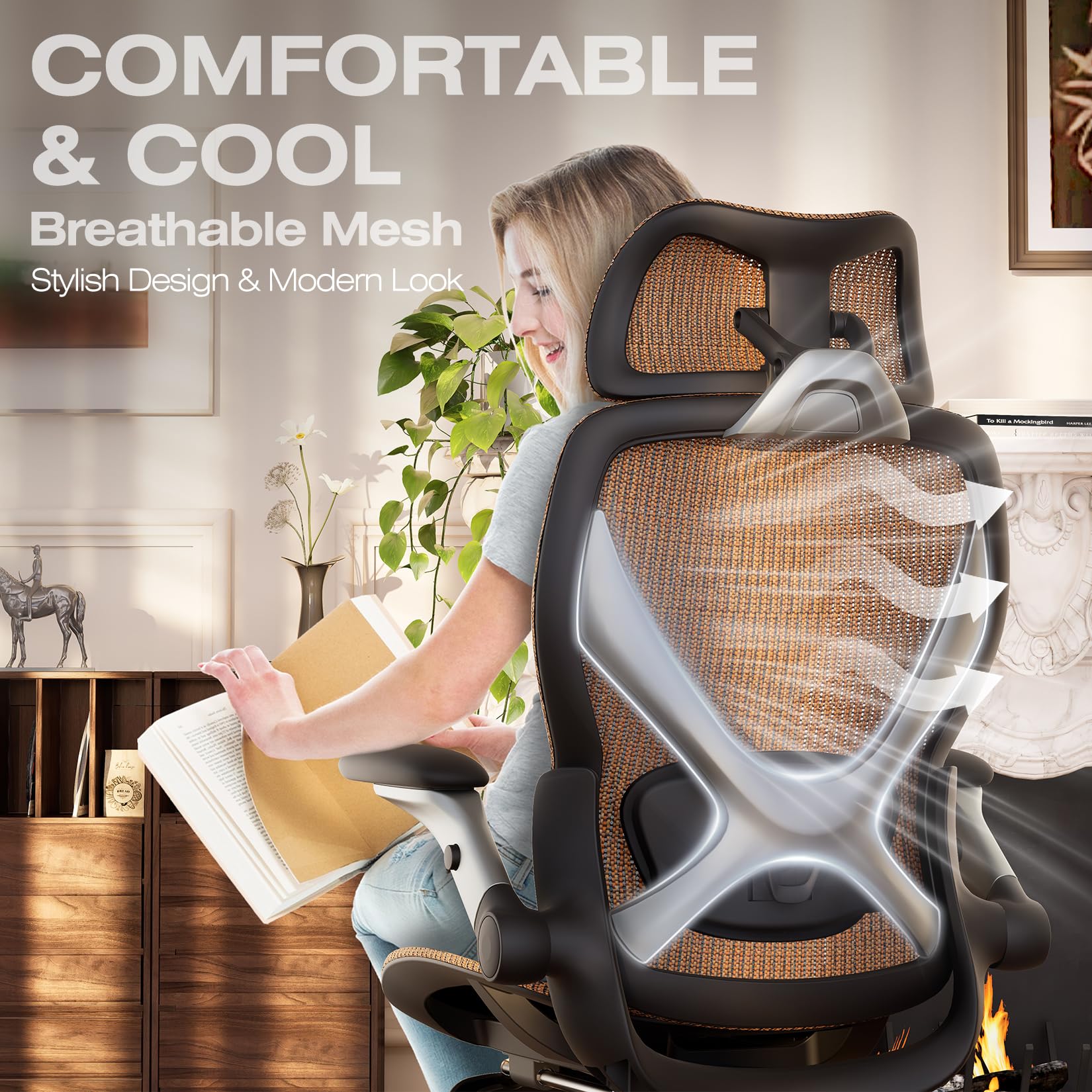 ELABEST X100 Ergonomic Office Chair with Footrest, Big and Tall Home Desk Chair with 5D Flip-Up Arms, Adjustable 3D Lumbar Support,High Back Rolling Computer Chair, Swivel Mesh Chairs (Coffee Break)
