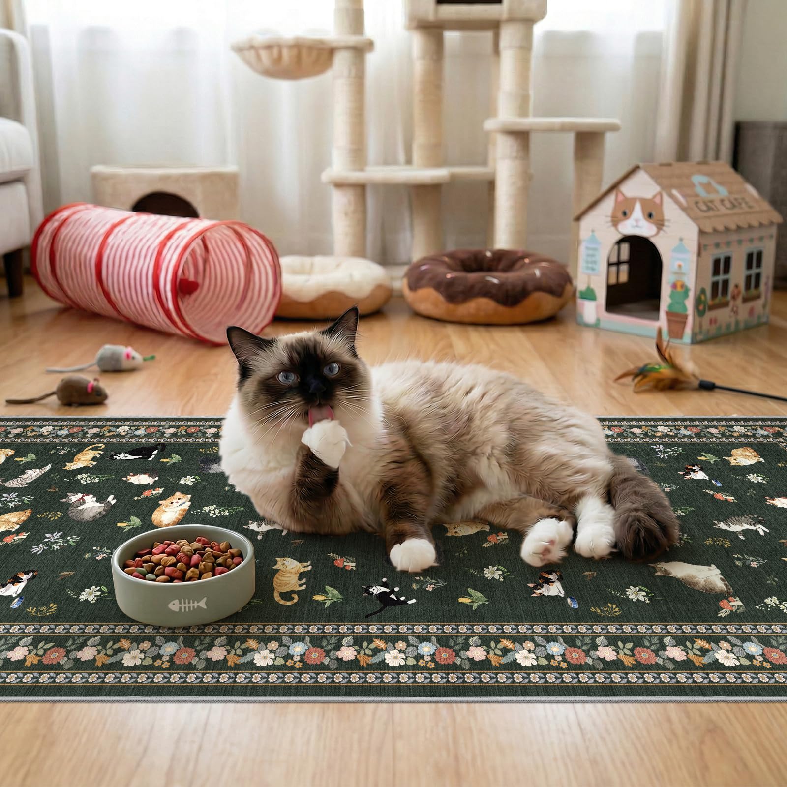 2x5 Washable Kitchen Runner Rug - Soft Low Pile Floral Animal Cat Print Rugs with Non-Slip Backing Waterproof Stain-Resistant Indoor Carpet for Hallway Entryway Bathroom Bedroom (Black)