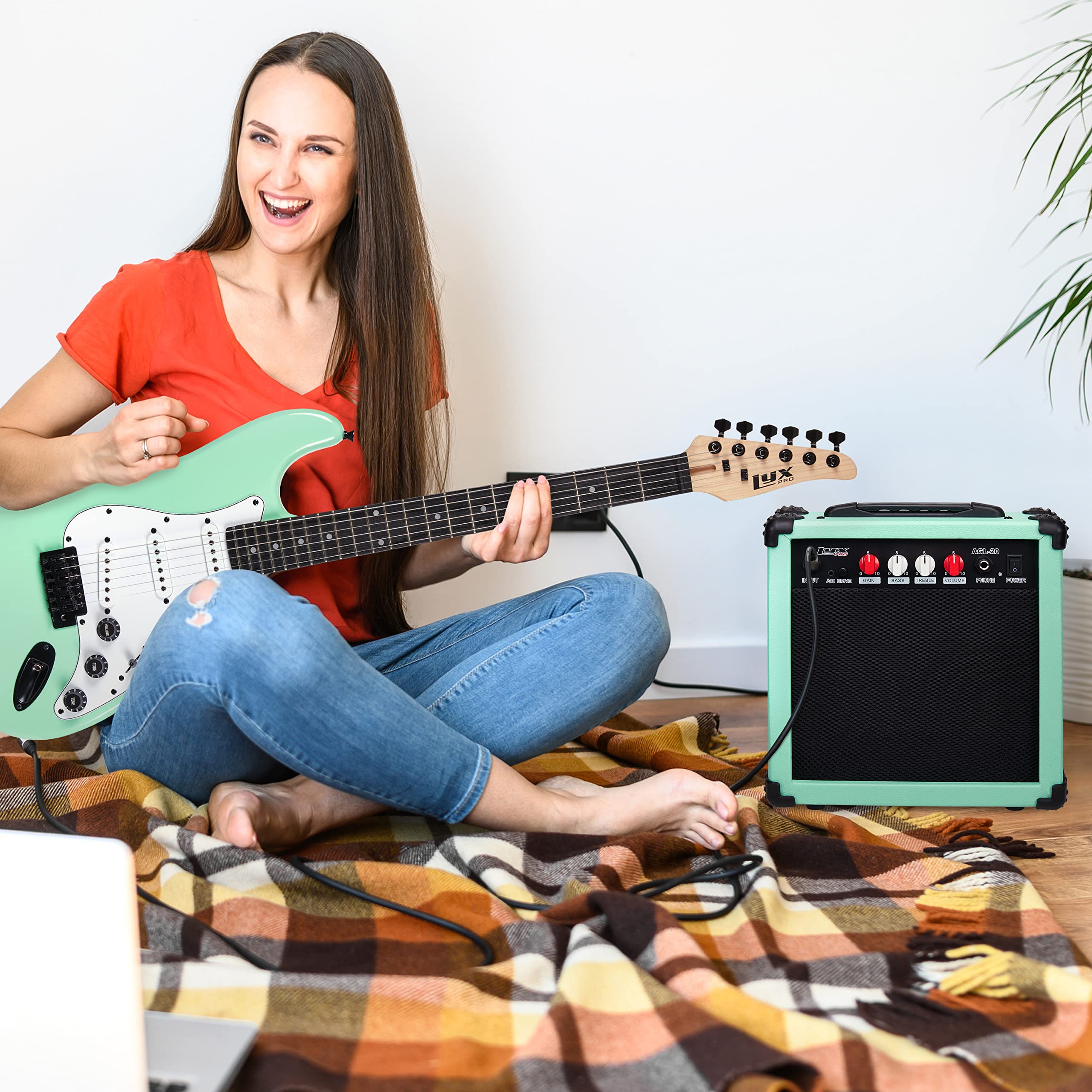 LyxPro Electric Guitar Amp 20 Watt Amplifier Built in Speaker Headphone Jack and Aux Input Includes Gain Bass Treble Volume and Grind - Black