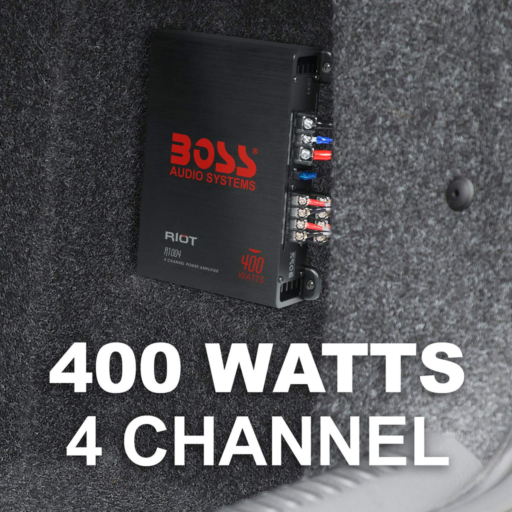 BOSS Audio Systems R1004 Riot Series 4 Channel Class A/B Car Amplifier - 400 High Output, IC (Integrated Circuit), Hook Up to Subwoofer for Bass